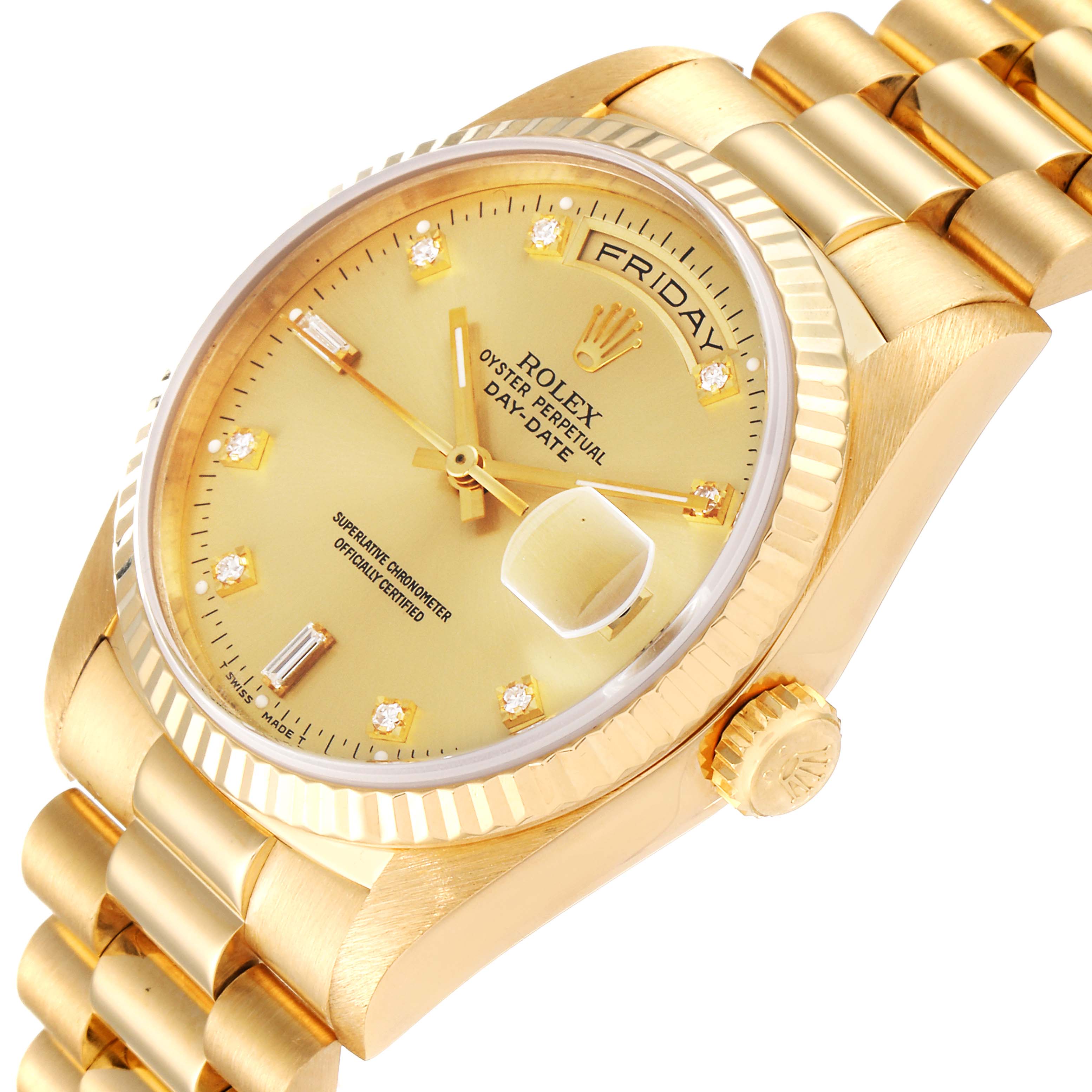 This image shows the Rolex President 18238 Men's Yellow Gold Champagne Dial 18238 Men's Yellow Gold Champagne Dial model watch at an angled view, highlighting the face, bezel, crown, and bracelet.