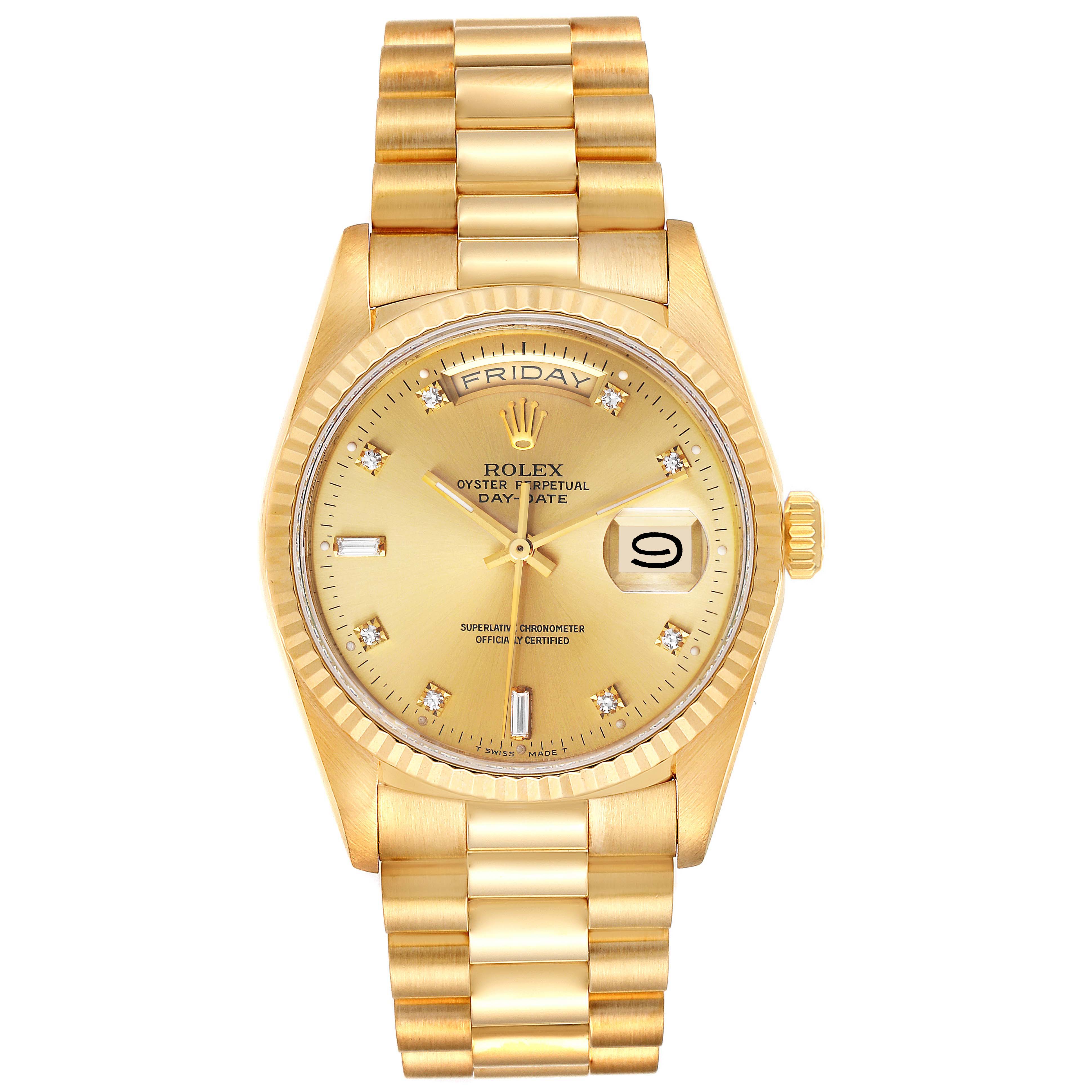 The image shows a frontal view of a Rolex President 18238 Men's Yellow Gold Champagne Dial 18238 Men's Yellow Gold Champagne Dial model watch, displaying its gold bracelet, dial, and date window.