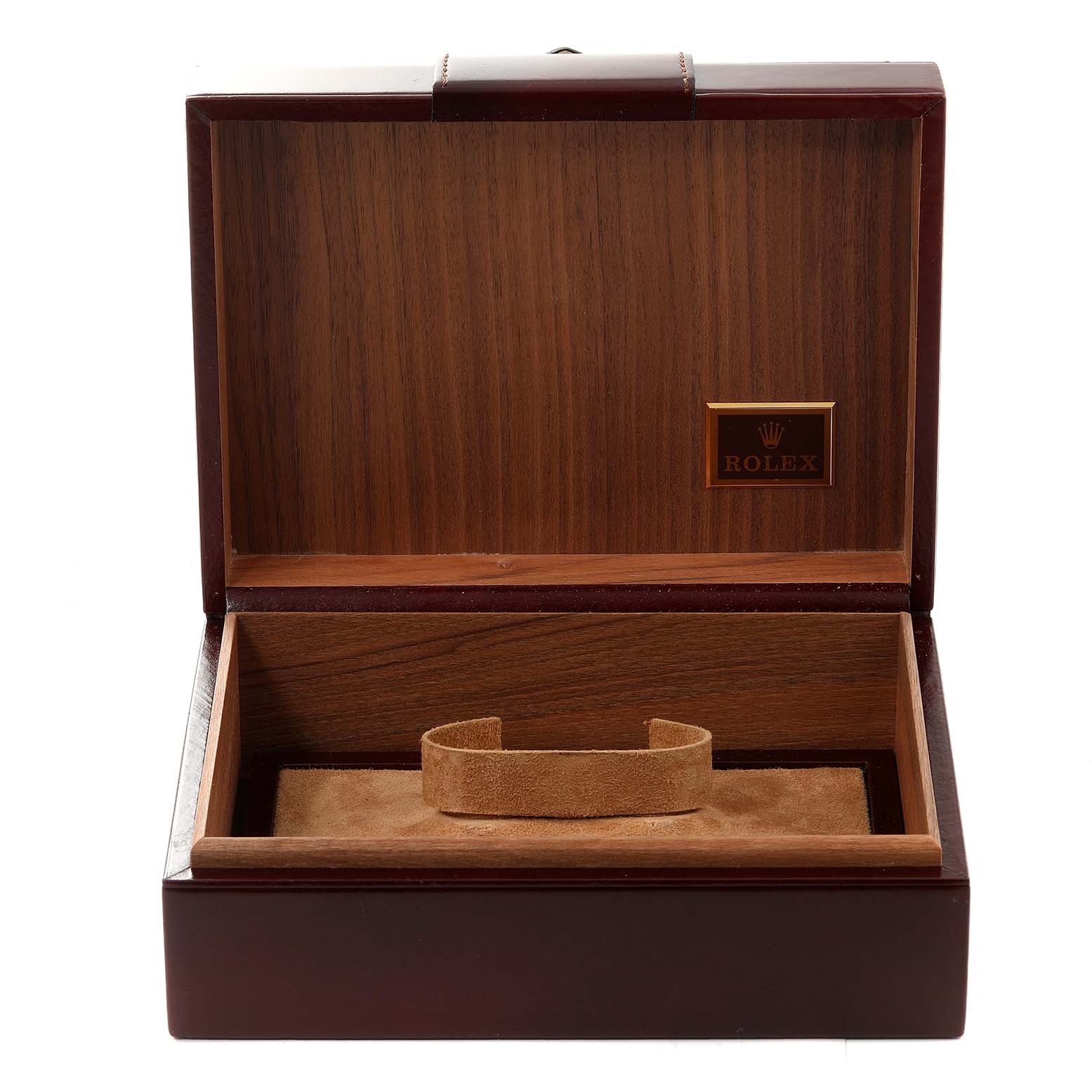 The image shows an empty wooden box with a Rolex logo, designed for the President model watch by Rolex.