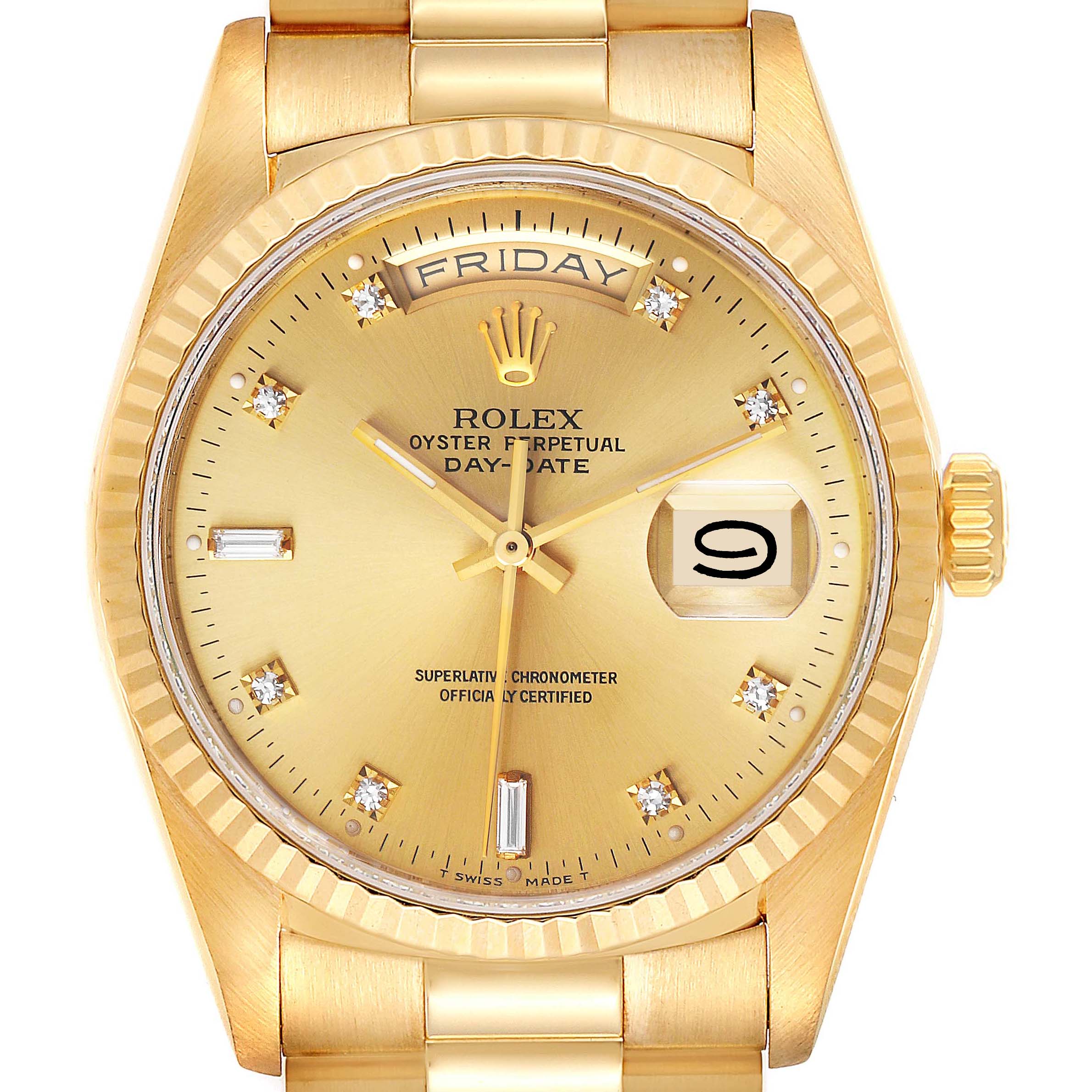 This image shows a frontal view of a Rolex President 18238 Men's Yellow Gold Champagne Dial 18238 Men's Yellow Gold Champagne Dial model watch, displaying its gold dial, day, and date features.