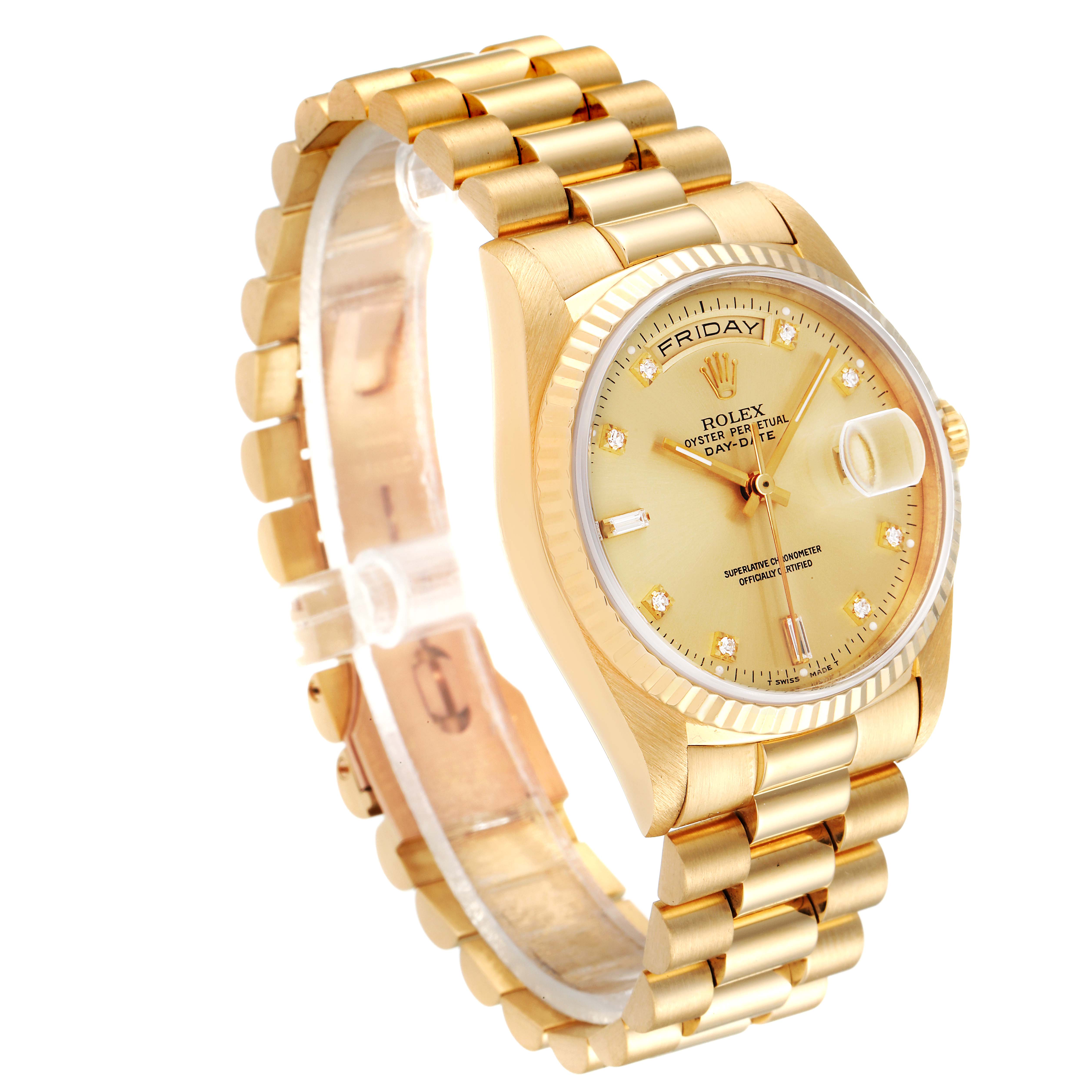 The image shows a side-angle view of a gold Rolex President 18238 Men's Yellow Gold Champagne Dial 18238 Men's Yellow Gold Champagne Dial model watch, highlighting its bracelet and dial.