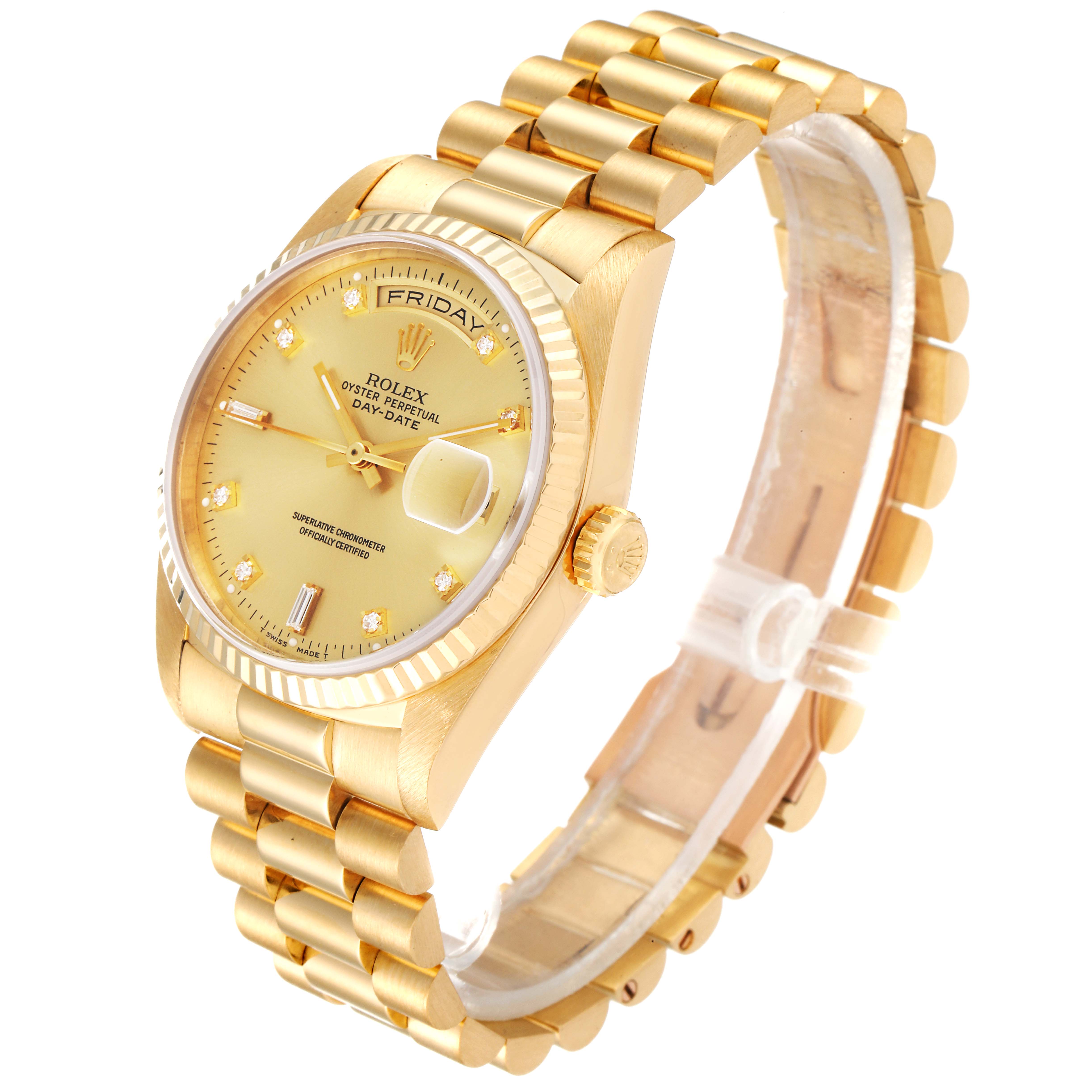 The image shows a Rolex President 18238 Men's Yellow Gold Champagne Dial 18238 Men's Yellow Gold Champagne Dial model watch at a three-quarter angle, highlighting its gold case, bracelet, and dial with the day-date feature.