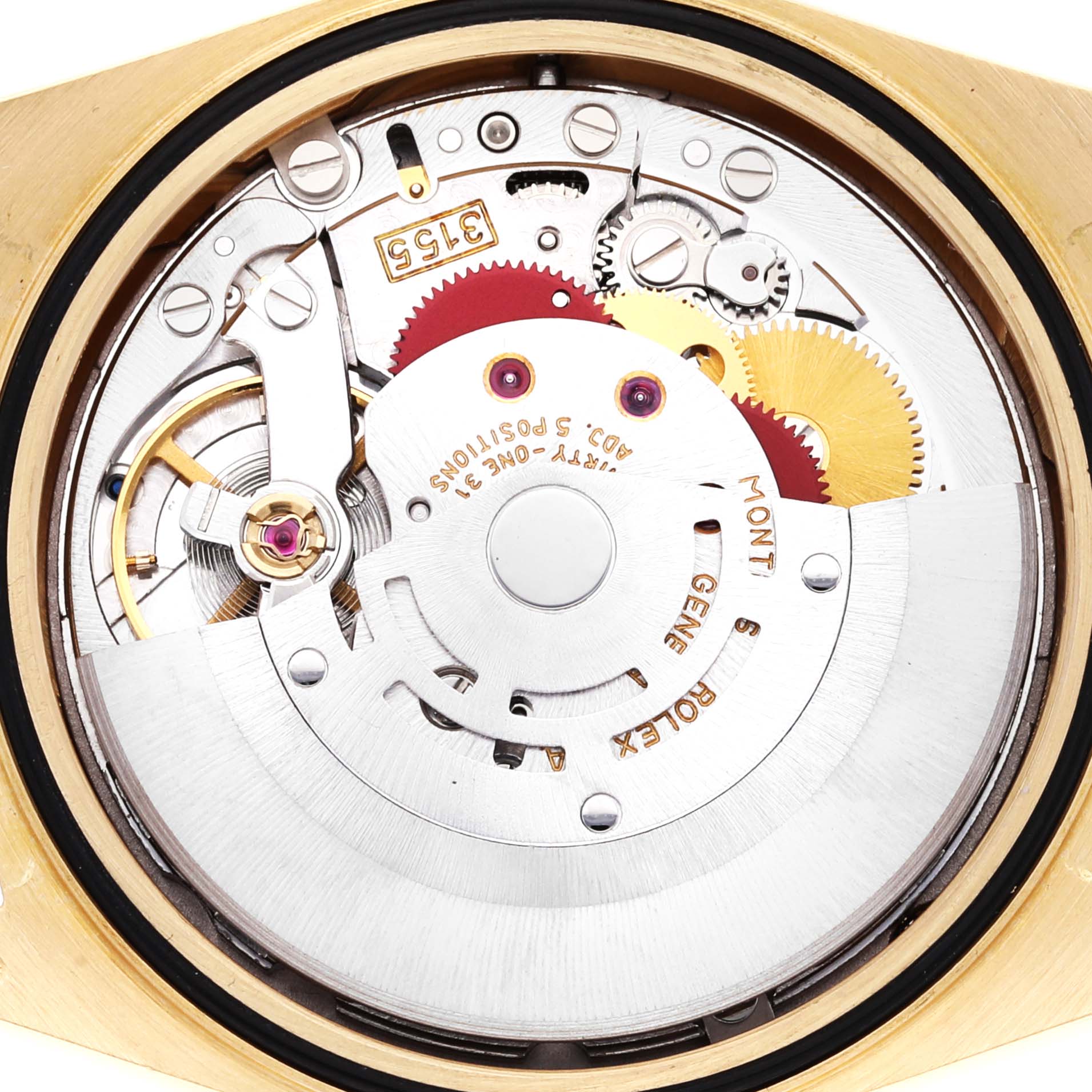 This image shows the internal mechanism and movement of a Rolex President 18238 Men's Yellow Gold Champagne Dial 18238 Men's Yellow Gold Champagne Dial model watch from the back.