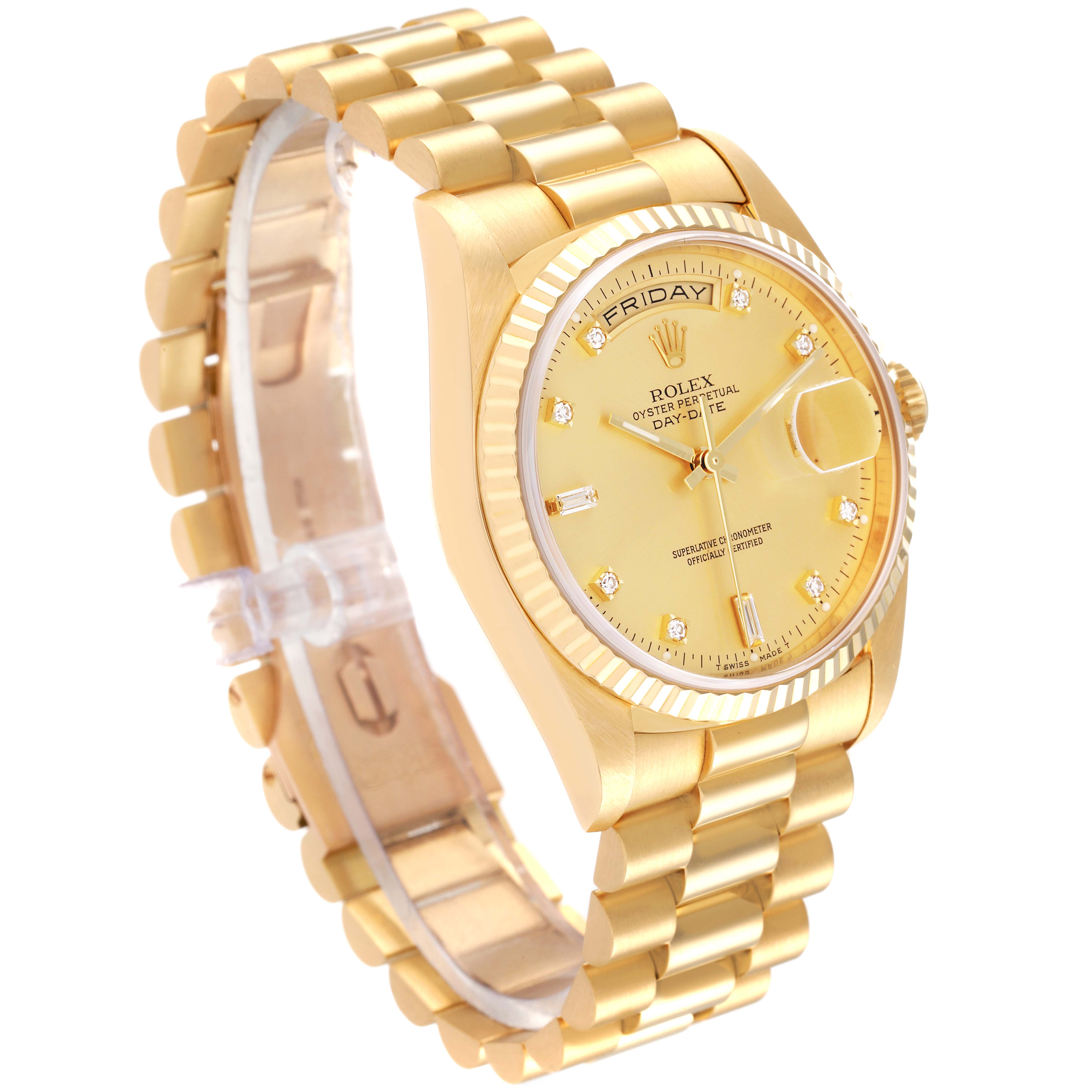 This image shows a Rolex President 18238 Men's Yellow Gold Champagne Dial 18238 Men's Yellow Gold Champagne Dial model watch at a three-quarter angle, highlighting the dial, bezel, and bracelet.