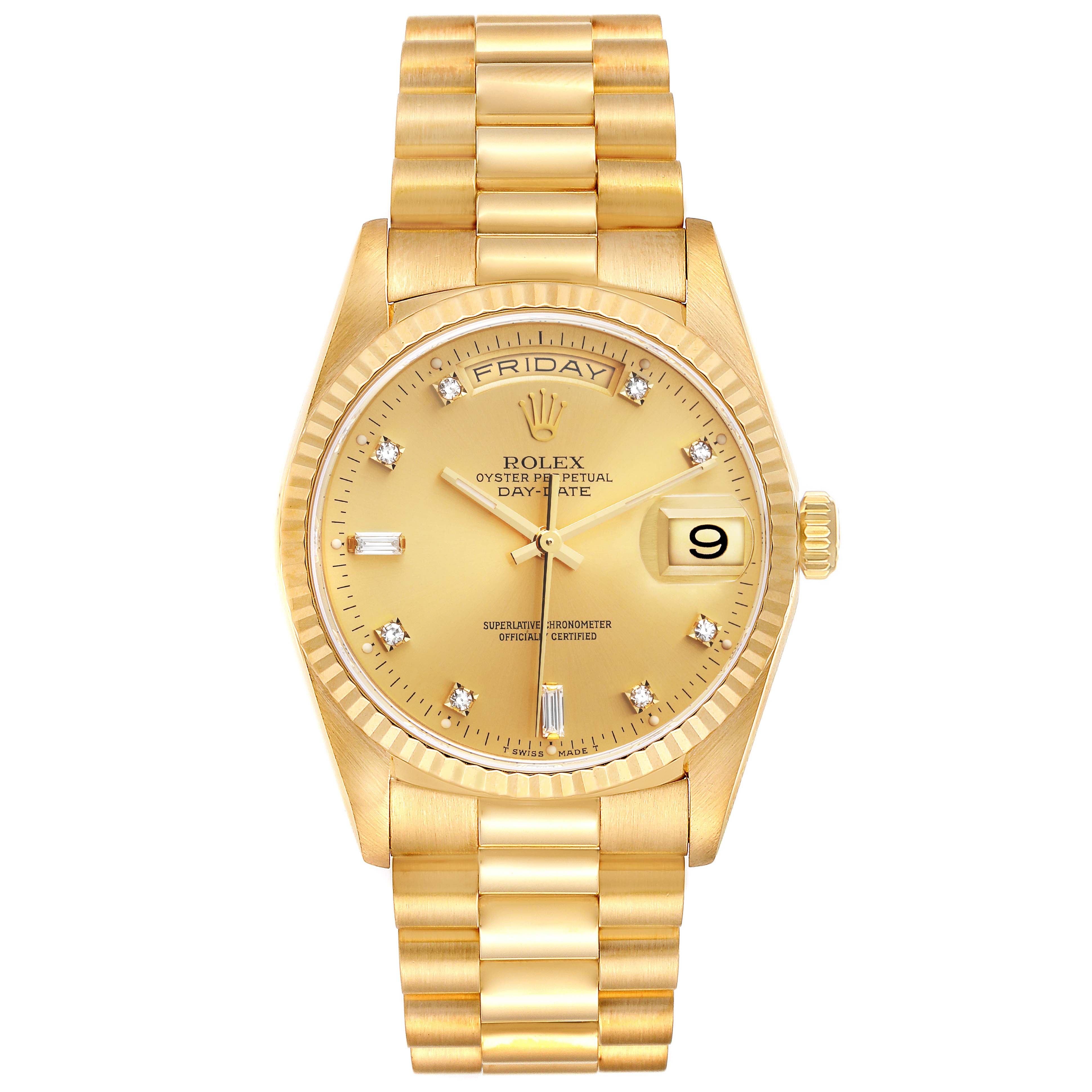 This image shows a front view of a Rolex President 18238 Men's Yellow Gold Champagne Dial 18238 Men's Yellow Gold Champagne Dial model watch, displaying its gold dial, bracelet, and day-date feature.