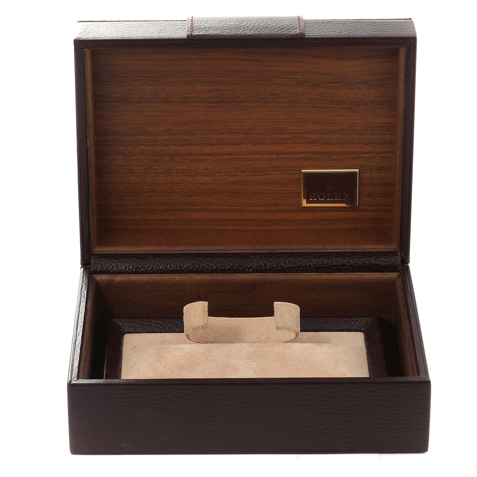 This is an open wooden box for the Rolex President 18238 Men's Yellow Gold Champagne Dial 18238 Men's Yellow Gold Champagne Dial model, showcasing the interior with a Rolex logo.