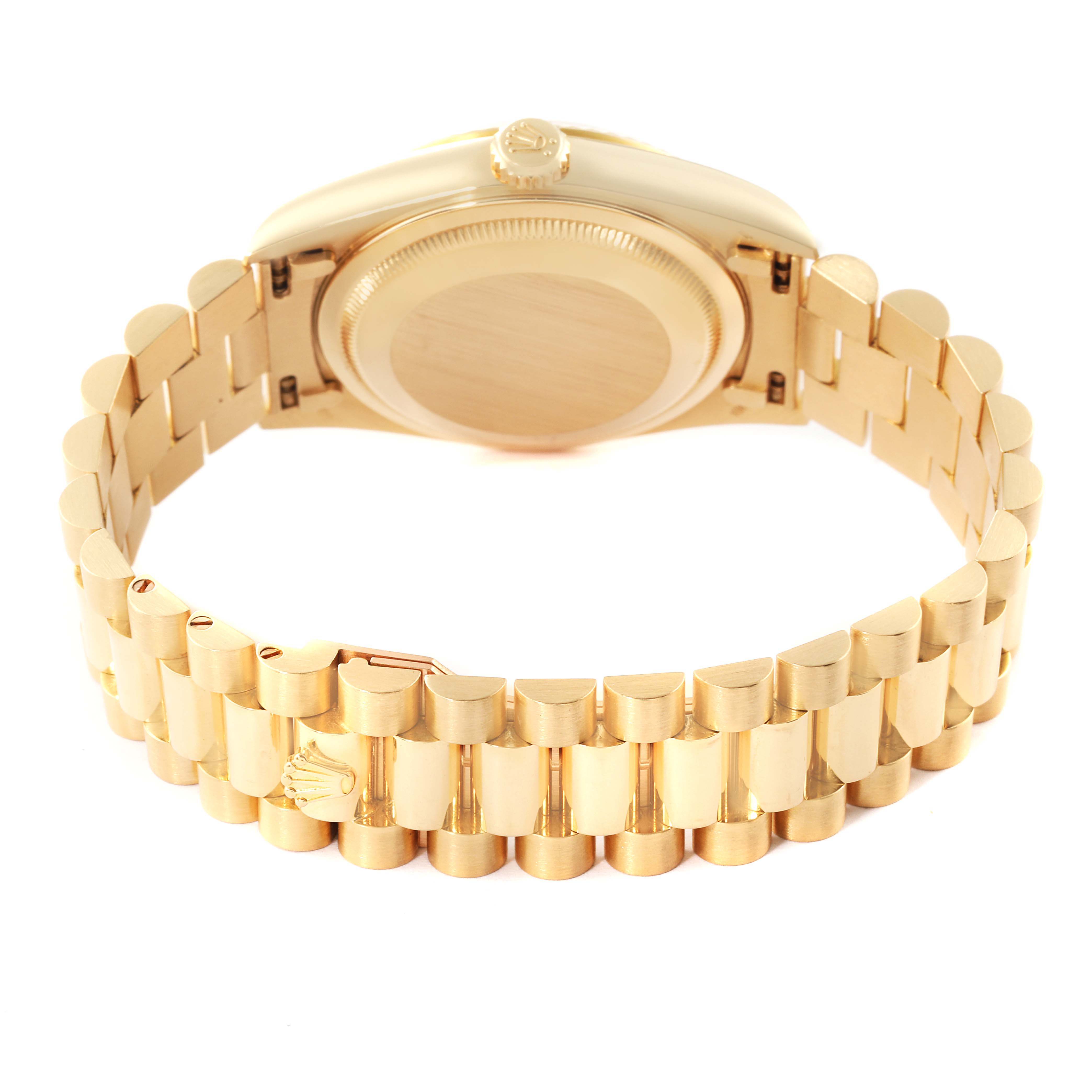 The image shows the back case and bracelet of a Rolex President 18238 Men's Yellow Gold Champagne Dial 18238 Men's Yellow Gold Champagne Dial model watch from a rear angle.