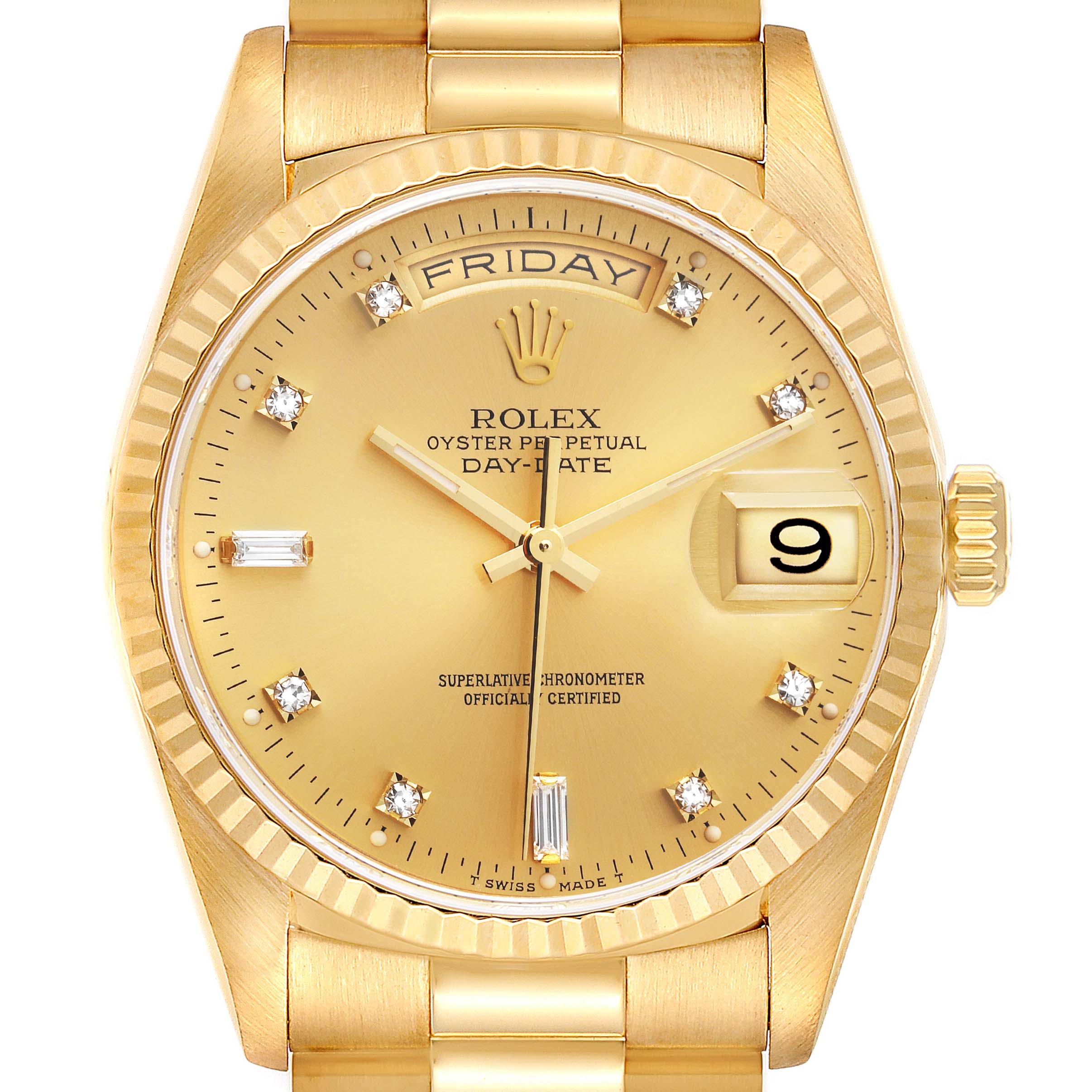 This image shows a front view of the Rolex President 18238 Men's Yellow Gold Champagne Dial 18238 Men's Yellow Gold Champagne Dial Day-Date watch, highlighting its gold dial, bezel, and bracelet.