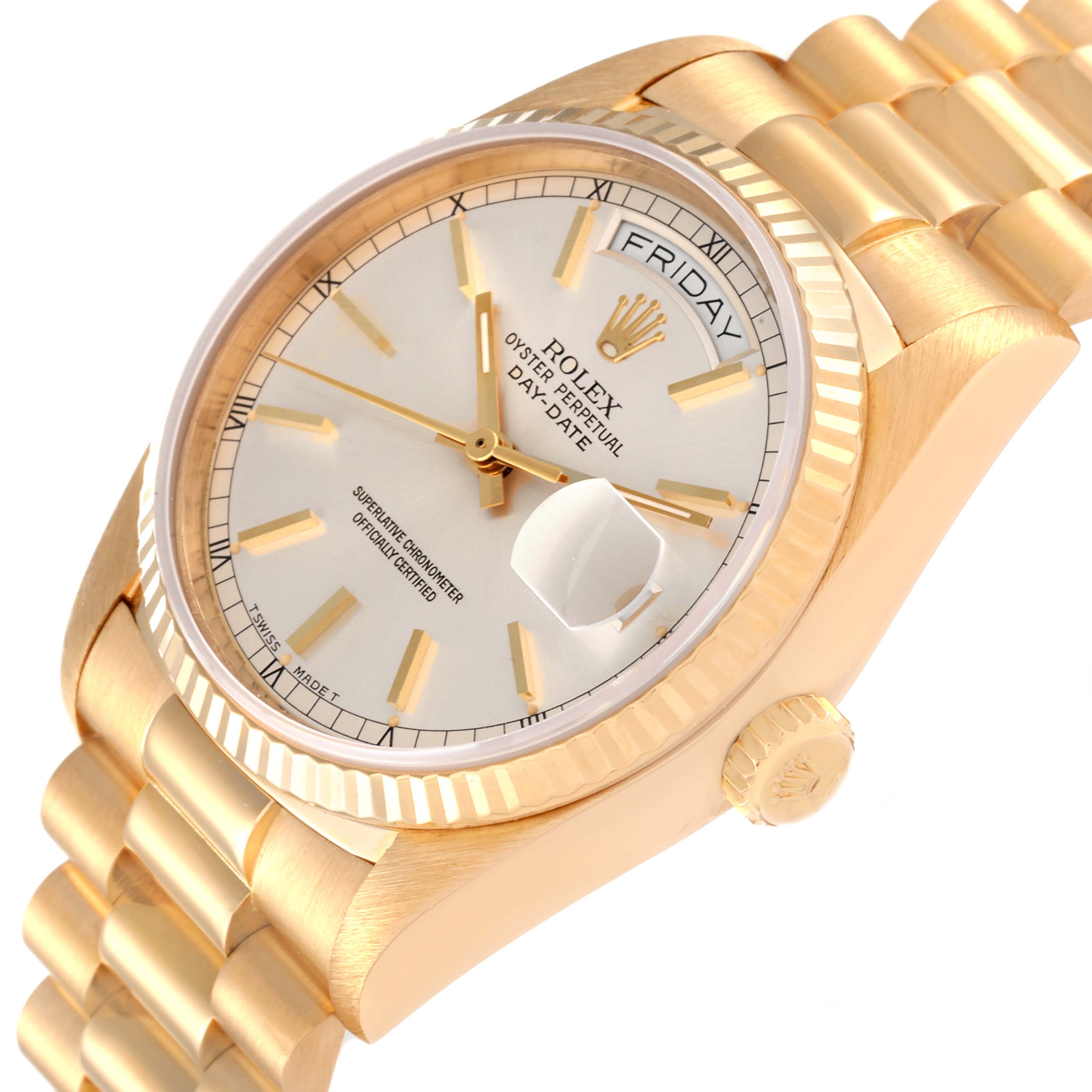The image shows a close-up angle of the Rolex President 18038 Men's Yellow Gold Silver Dial 18038 Men's Yellow Gold Silver Dial model watch, highlighting its face, crown, and bracelet.