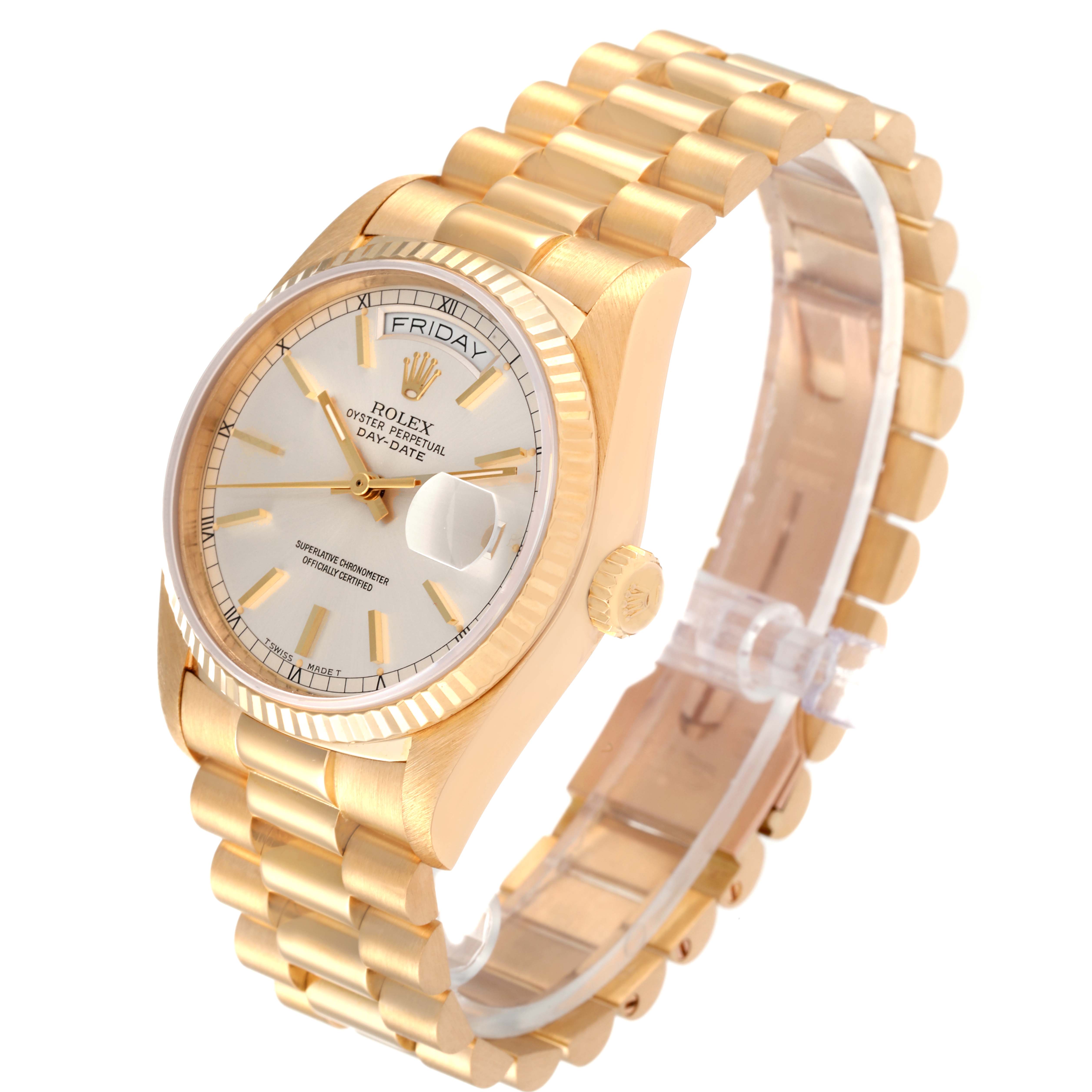 The image shows a Rolex President 18038 Men's Yellow Gold Silver Dial 18038 Men's Yellow Gold Silver Dial model watch from an angled view, highlighting the face, crown, and bracelet.