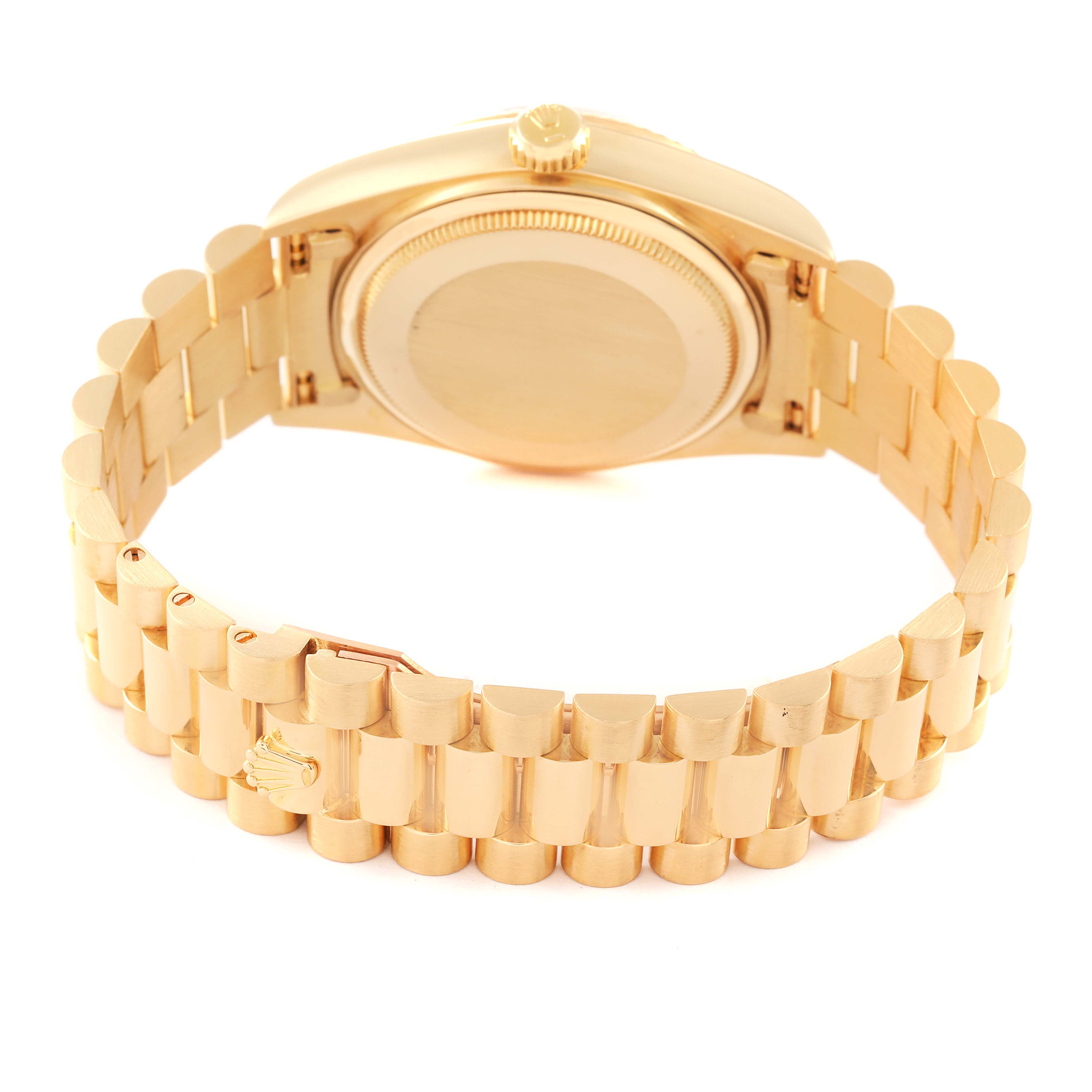 This image shows the back view of the Rolex President 18038 Men's Yellow Gold Silver Dial 18038 Men's Yellow Gold Silver Dial model watch, highlighting the bracelet and case back.
