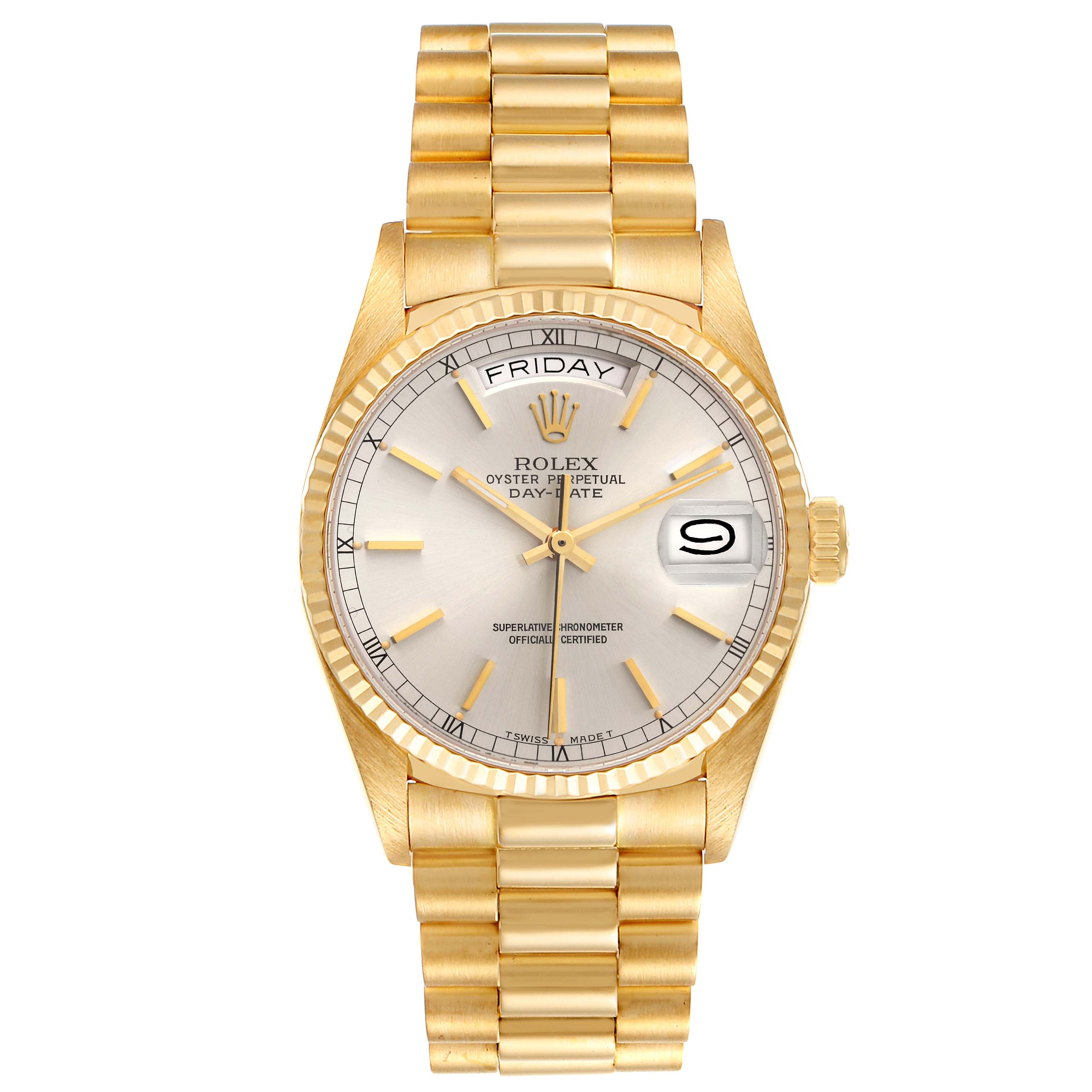 The image shows a frontal view of a Rolex President 18038 Men's Yellow Gold Silver Dial 18038 Men's Yellow Gold Silver Dial model watch, including its dial, bezel, and bracelet.
