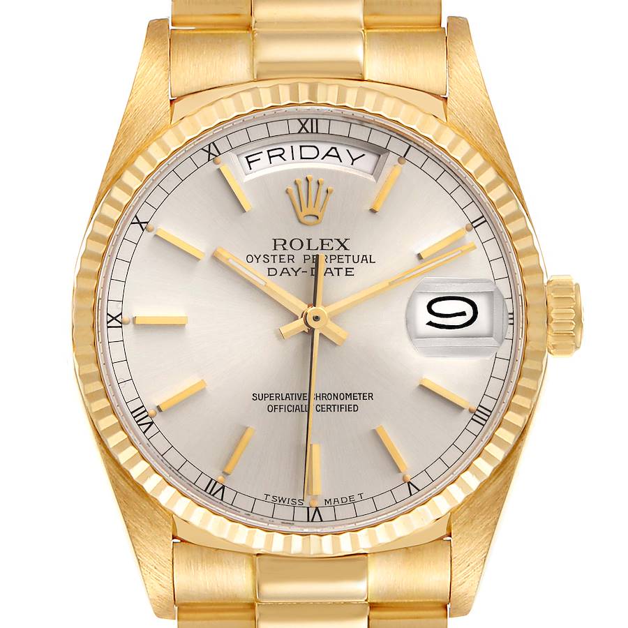 Rolex President Day-Date 36mm Yellow Gold Silver Dial Watch 18038 SwissWatchExpo