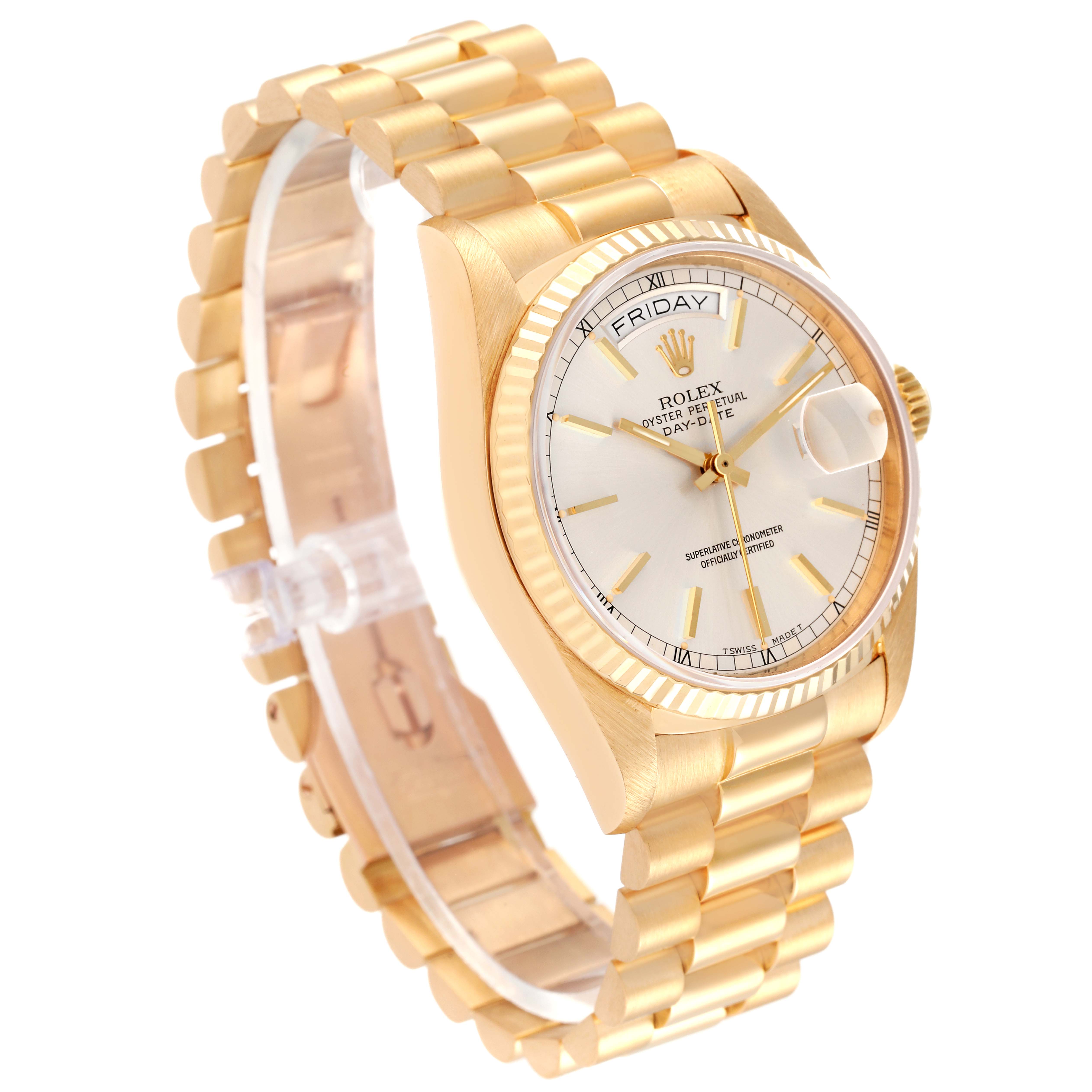 The image shows a Rolex President 18038 Men's Yellow Gold Silver Dial 18038 Men's Yellow Gold Silver Dial model watch at an angle, capturing the full face, side, and bracelet of the watch.