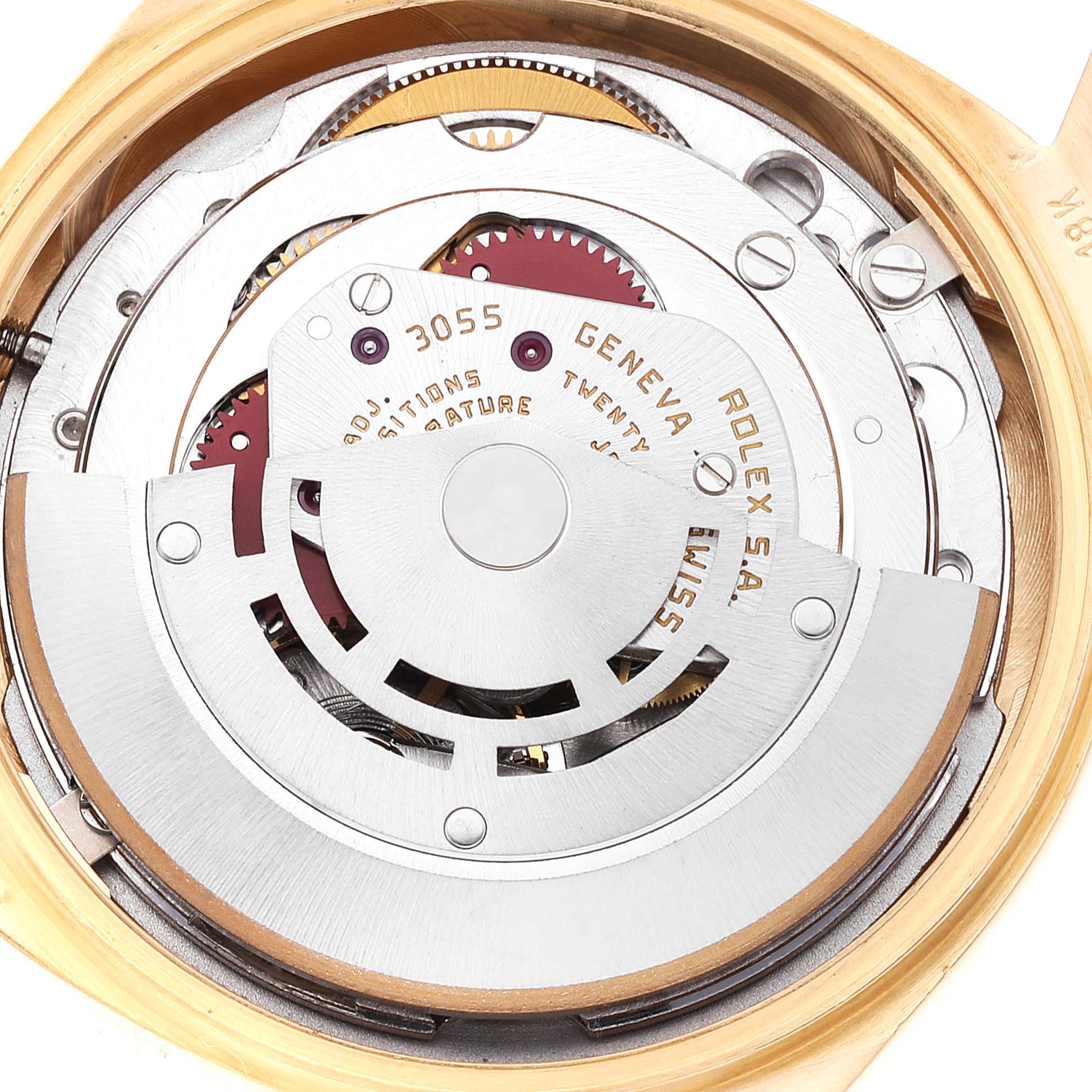 The image shows the internal automatic movement mechanism of a Rolex President 18038 Men's Yellow Gold Silver Dial 18038 Men's Yellow Gold Silver Dial model watch from a top-down angle.