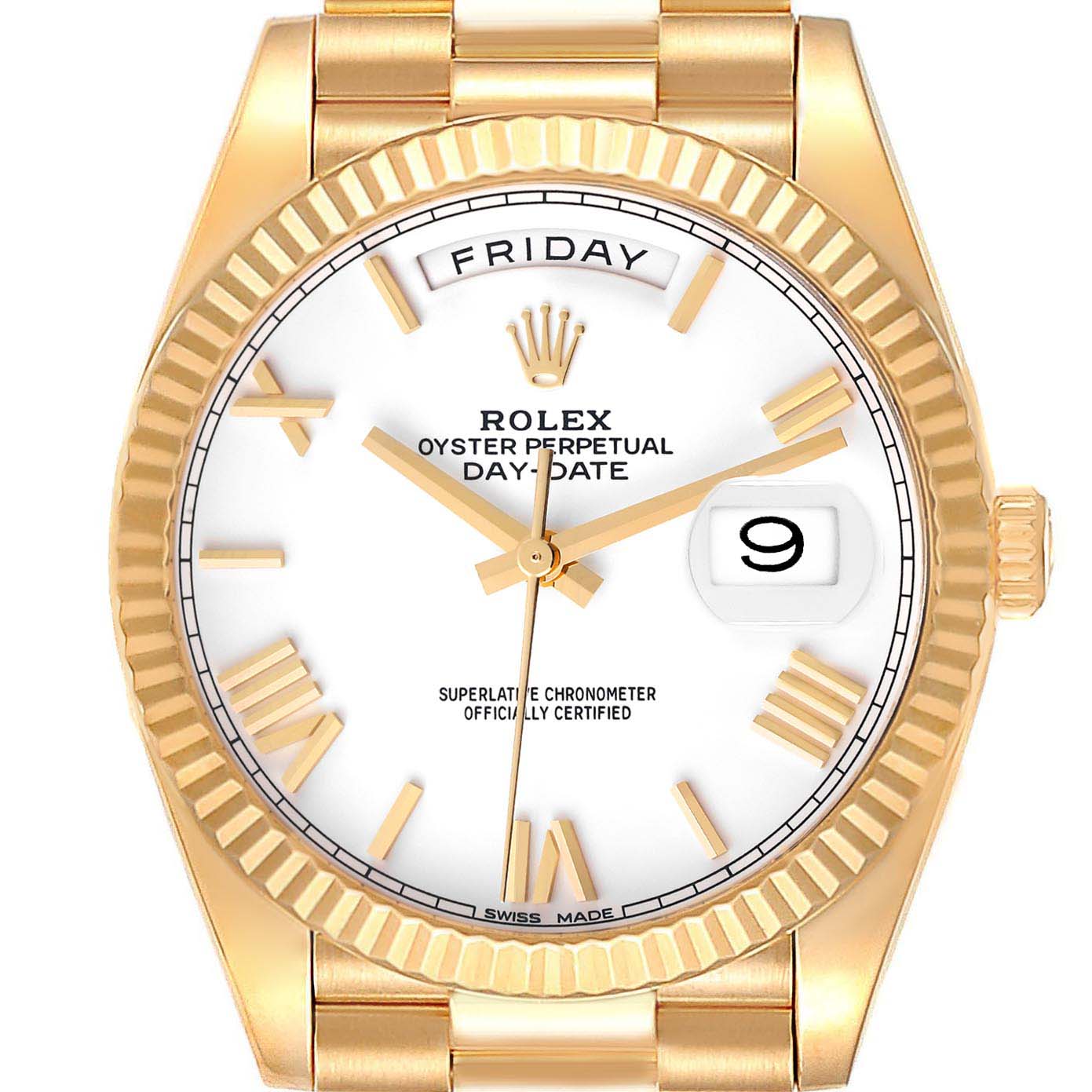 The image shows the front view of a Rolex President 228238 Men
s Yellow Gold White Dial 228238 Men
s Yellow Gold White Dial model, detailing the dial, bezel, day, date, and part of the band.