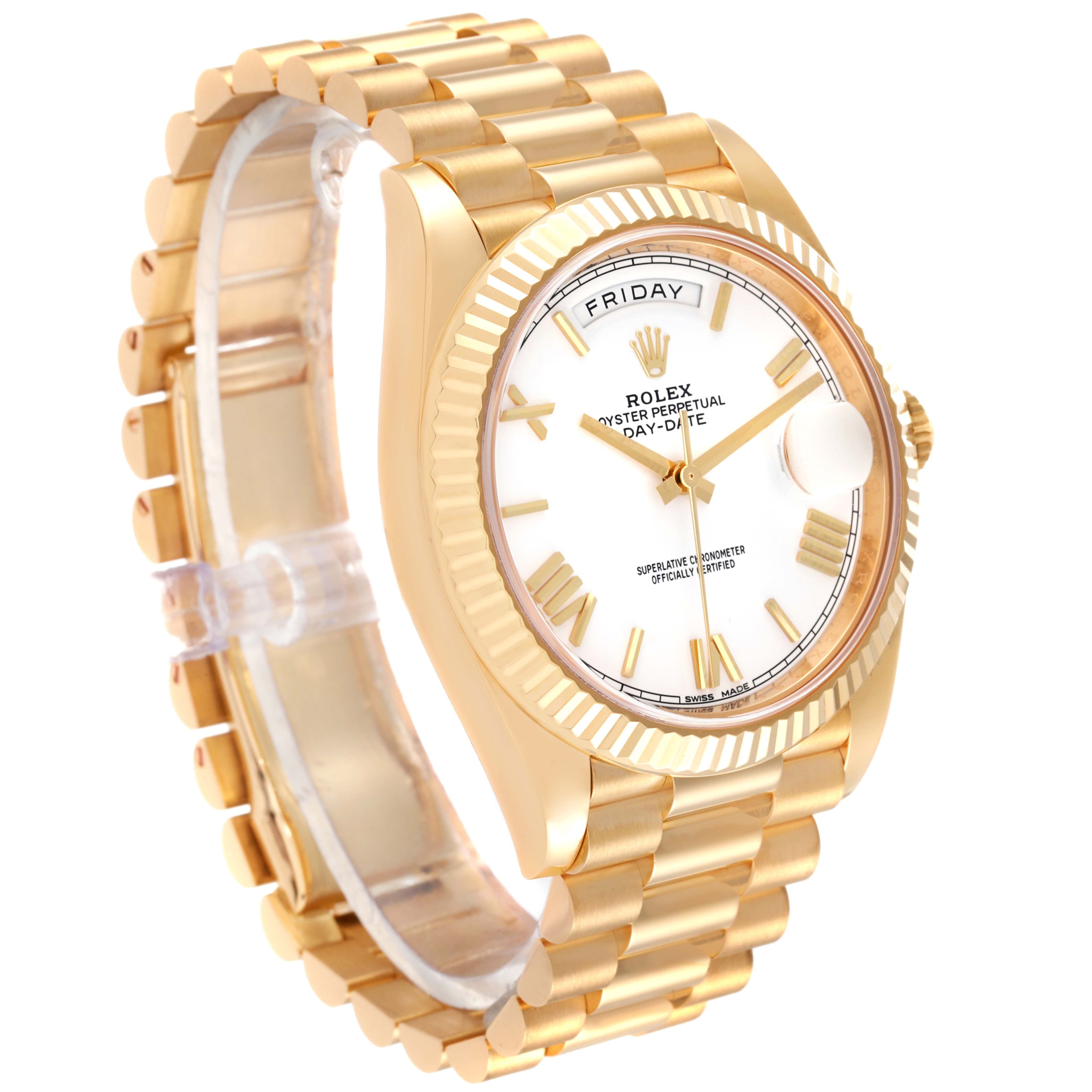 The image shows a Rolex President 228238 Men
s Yellow Gold White Dial 228238 Men
s Yellow Gold White Dial model watch at a 3/4 angle, highlighting its gold bracelet, fluted bezel, and white dial.