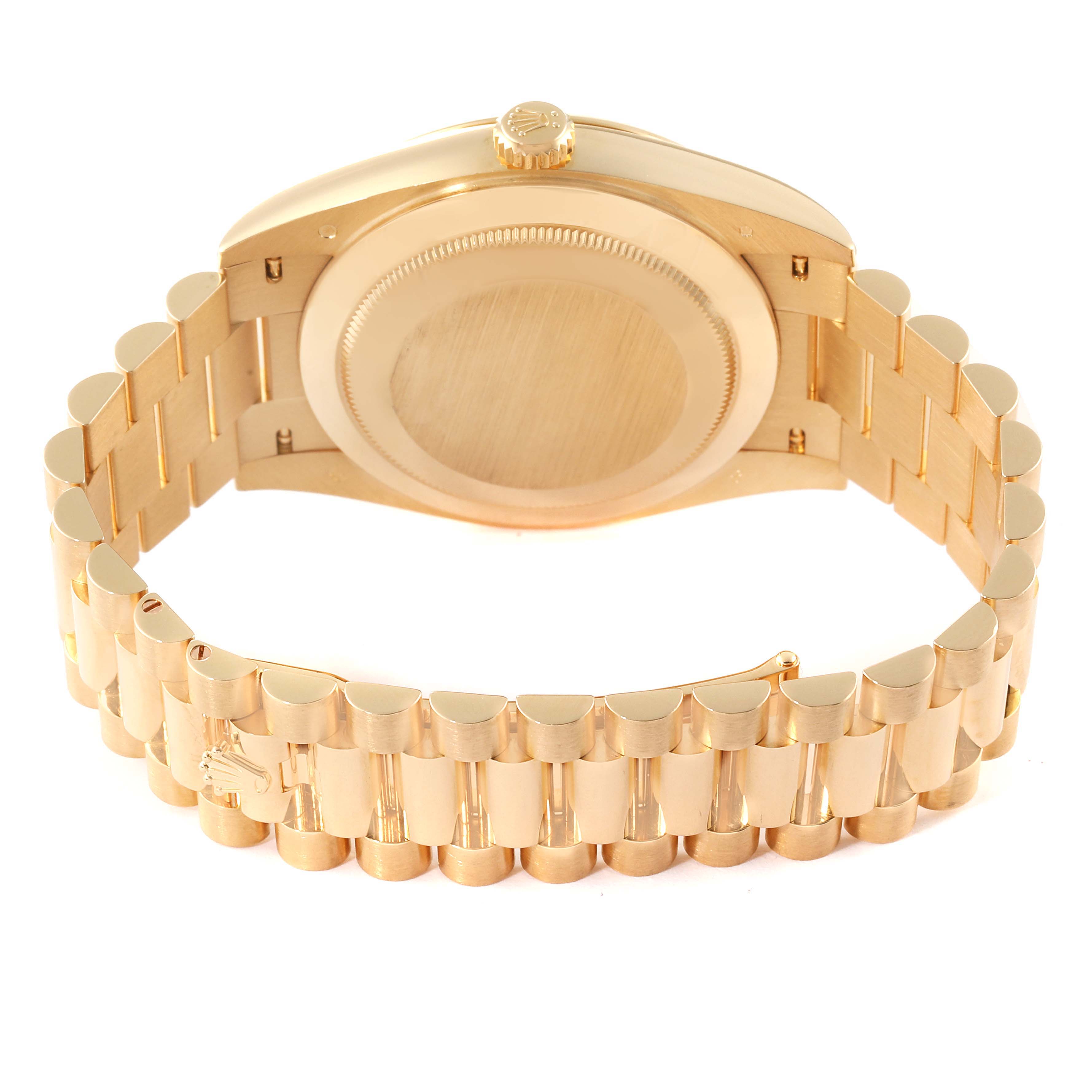 The image shows the back case and bracelet of a Rolex President 228238 Men
s Yellow Gold White Dial 228238 Men
s Yellow Gold White Dial model watch, focusing on the clasp and band.