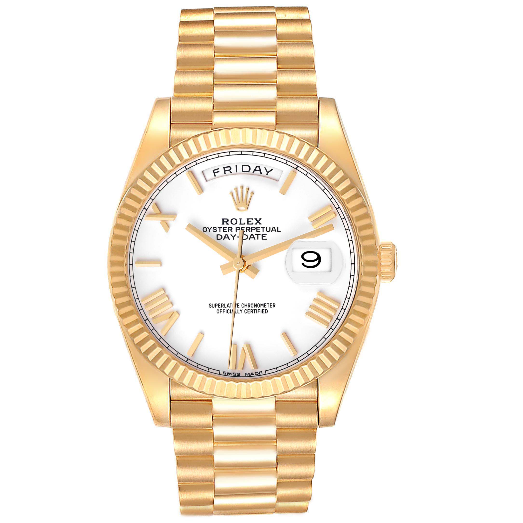 This image shows a frontal view of a Rolex President 228238 Men
s Yellow Gold White Dial 228238 Men
s Yellow Gold White Dial model watch, highlighting its face, dial, hands, and bracelet.