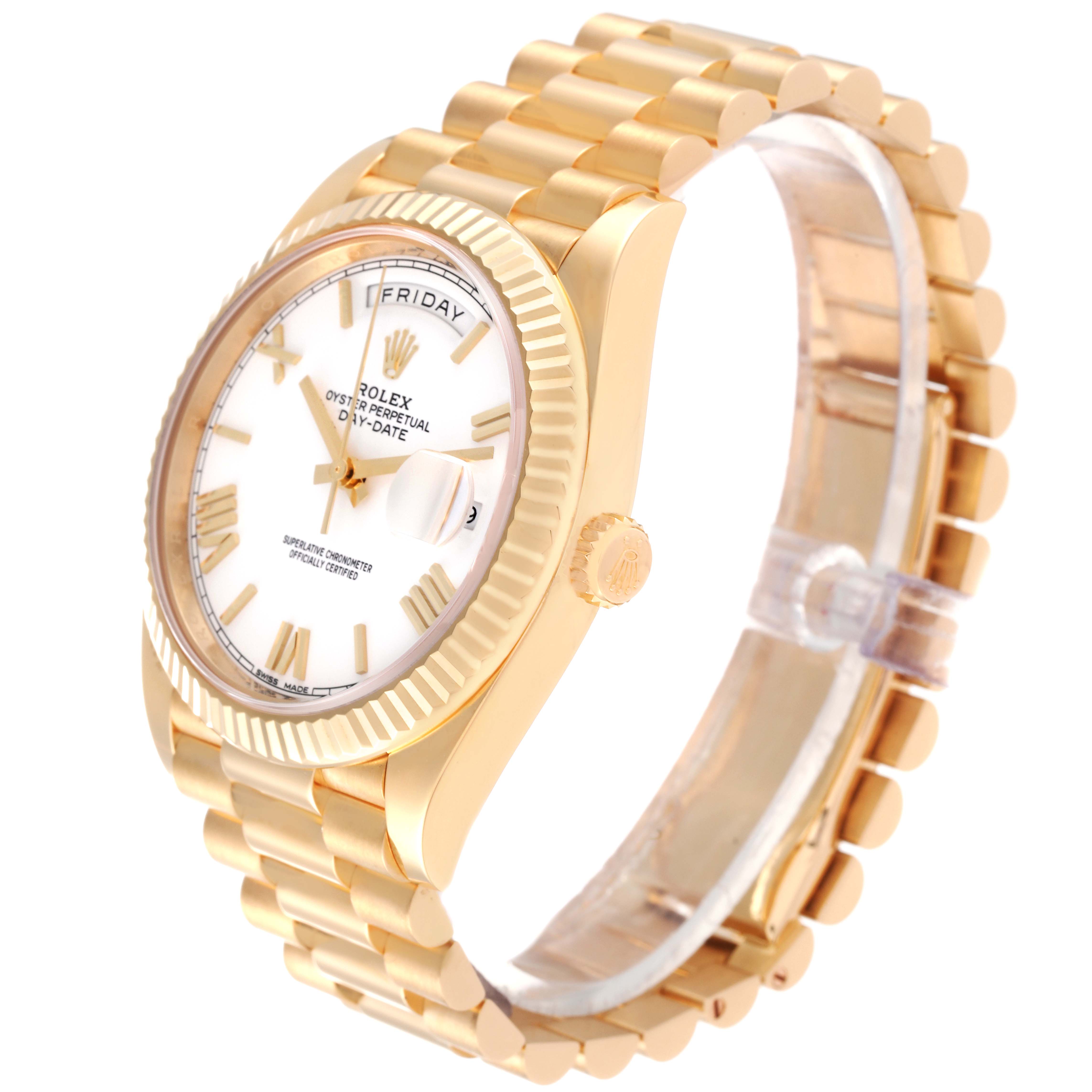 The Rolex President 228238 Men
s Yellow Gold White Dial 228238 Men
s Yellow Gold White Dial model watch is shown at a slight side angle, highlighting its dial, bezel, crown, and part of its bracelet.