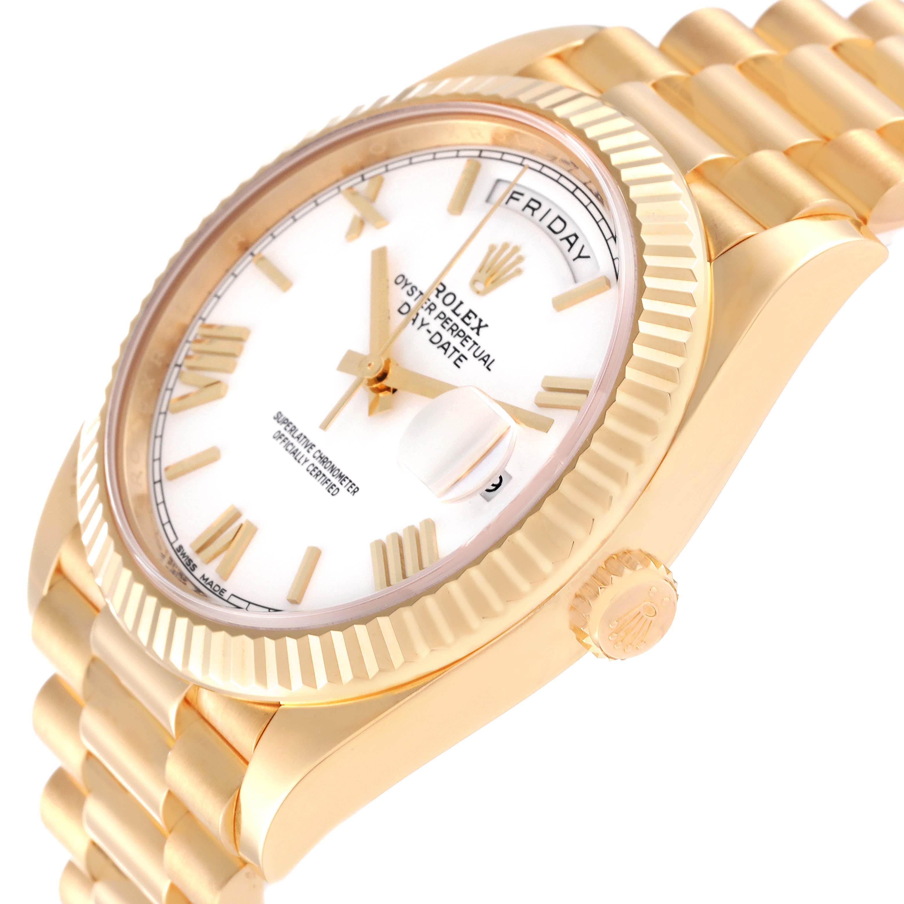 This image shows a close-up side angle of the Rolex President 228238 Men
s Yellow Gold White Dial 228238 Men
s Yellow Gold White Dial model, highlighting the dial, bezel, and part of the bracelet.