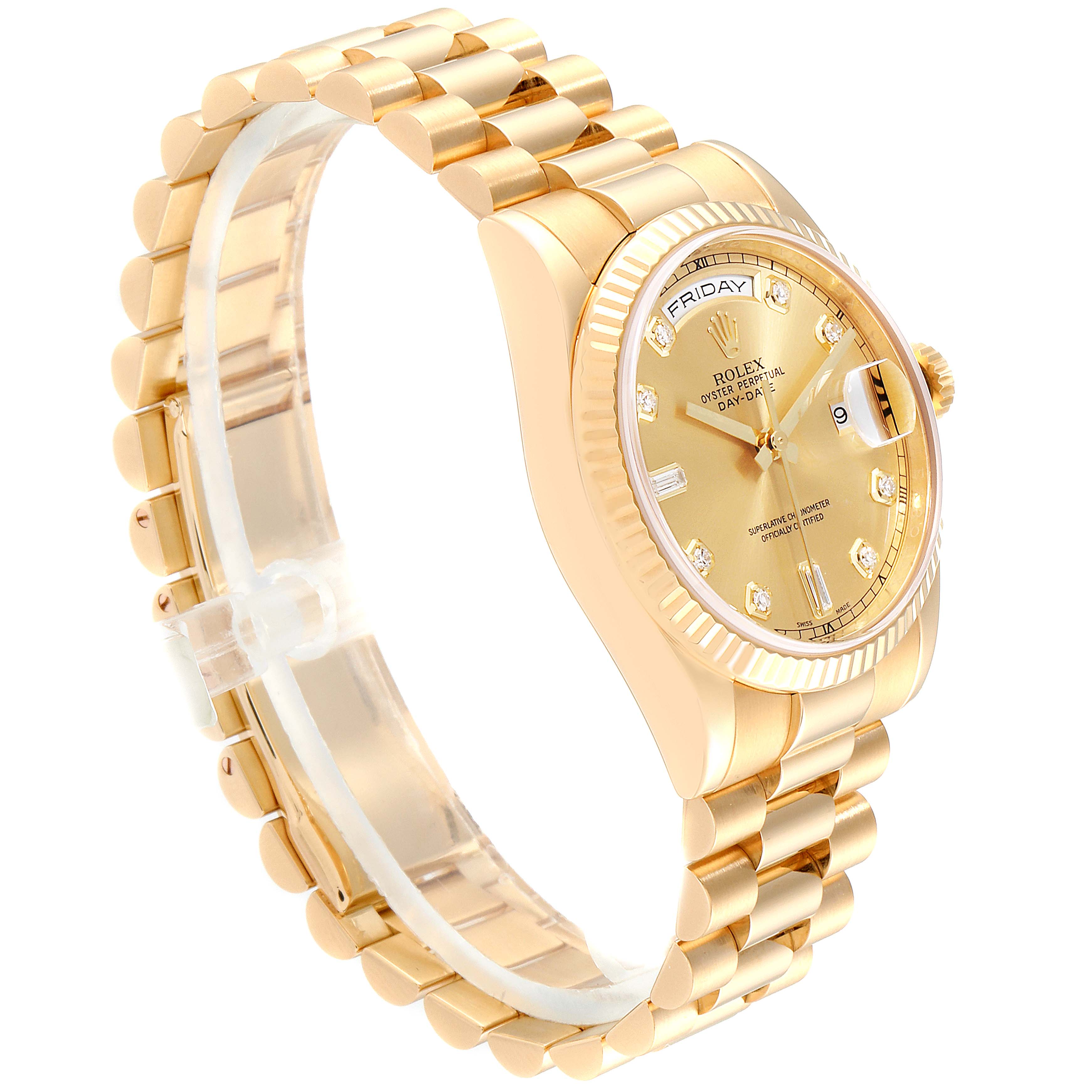 The image shows a side angle of the Rolex President 118238 Men's Yellow Gold Champagne Dial 118238 Men's Yellow Gold Champagne Dial model watch, including the dial, bezel, and bracelet.