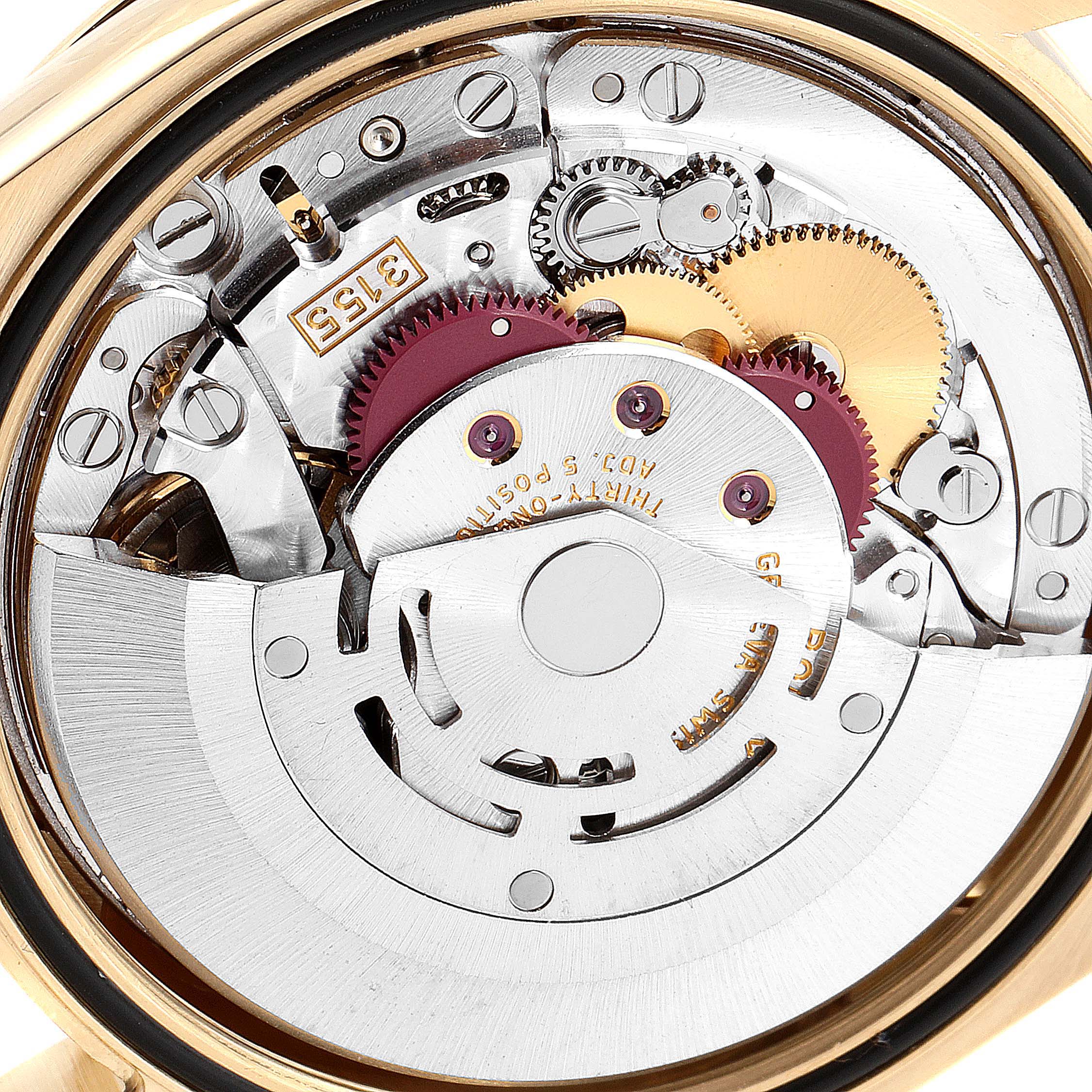 This image shows the internal movement mechanism of a Rolex President 118238 Men's Yellow Gold Champagne Dial 118238 Men's Yellow Gold Champagne Dial model watch, focusing on the intricate gears and components.