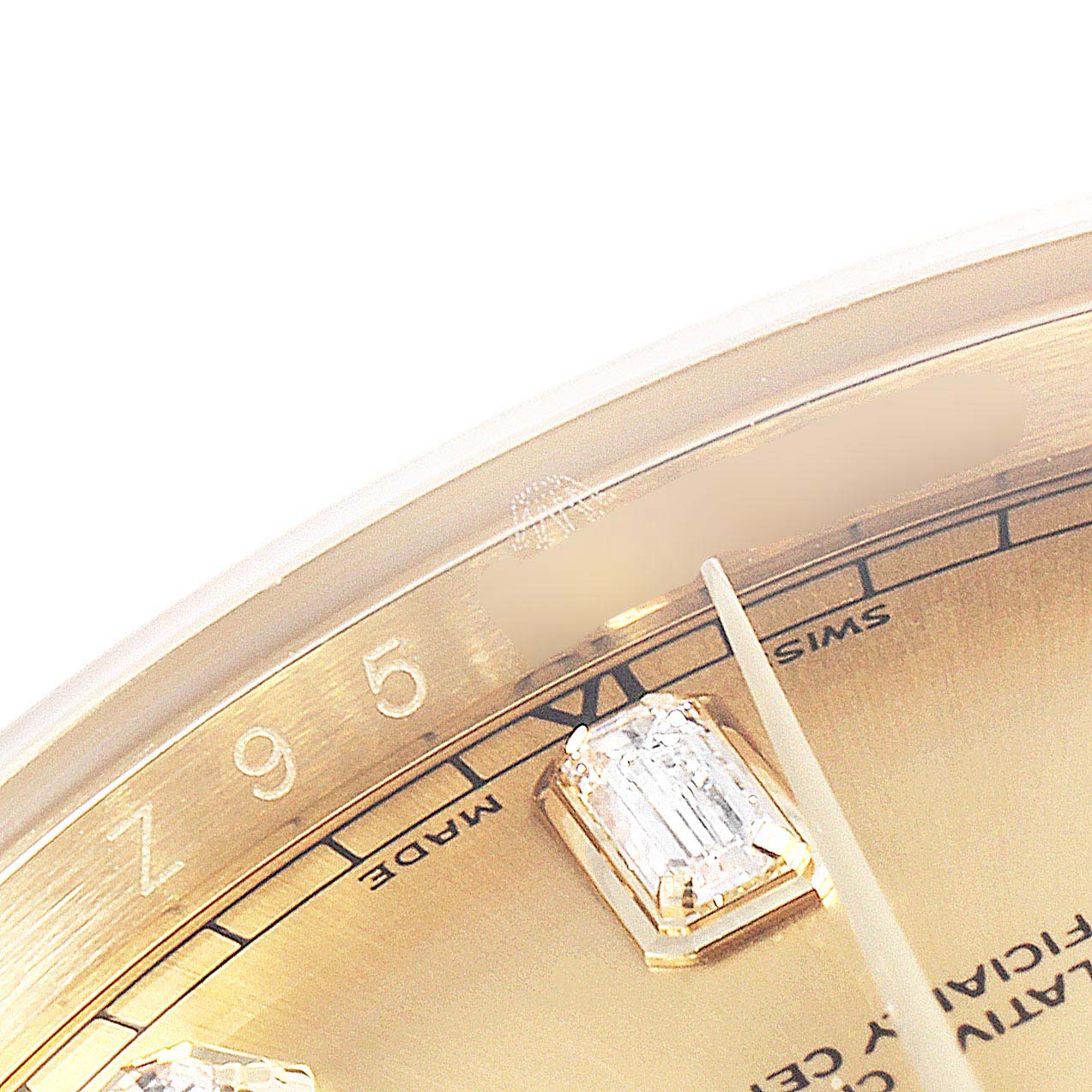 The image shows a close-up of the dial of a Rolex President 118238 Men's Yellow Gold Champagne Dial 118238 Men's Yellow Gold Champagne Dial model watch, featuring diamond hour markers and part of the chapter ring.