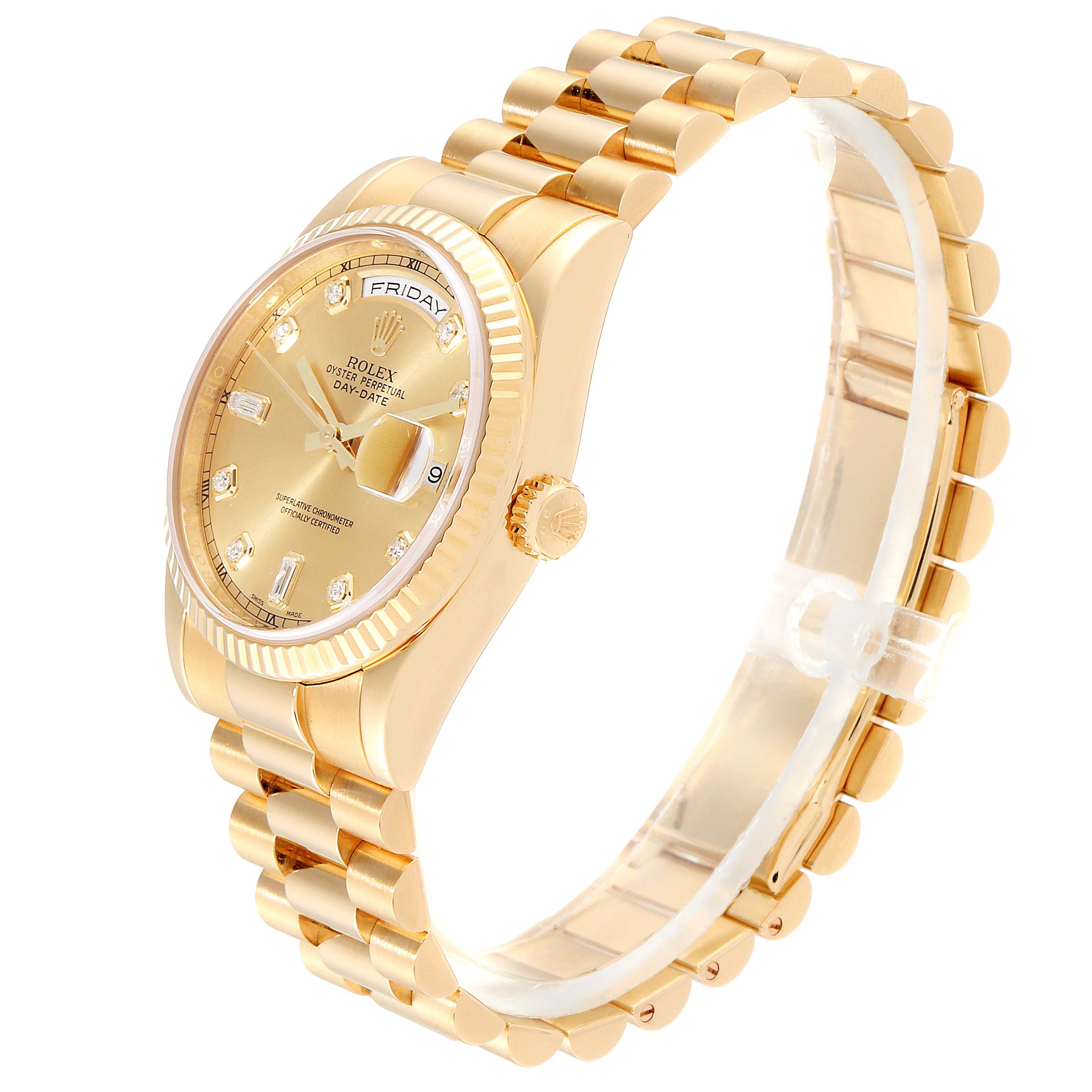 The image shows a side and angled view of a Rolex President 118238 Men's Yellow Gold Champagne Dial 118238 Men's Yellow Gold Champagne Dial model watch, displaying the face, crown, and band.
