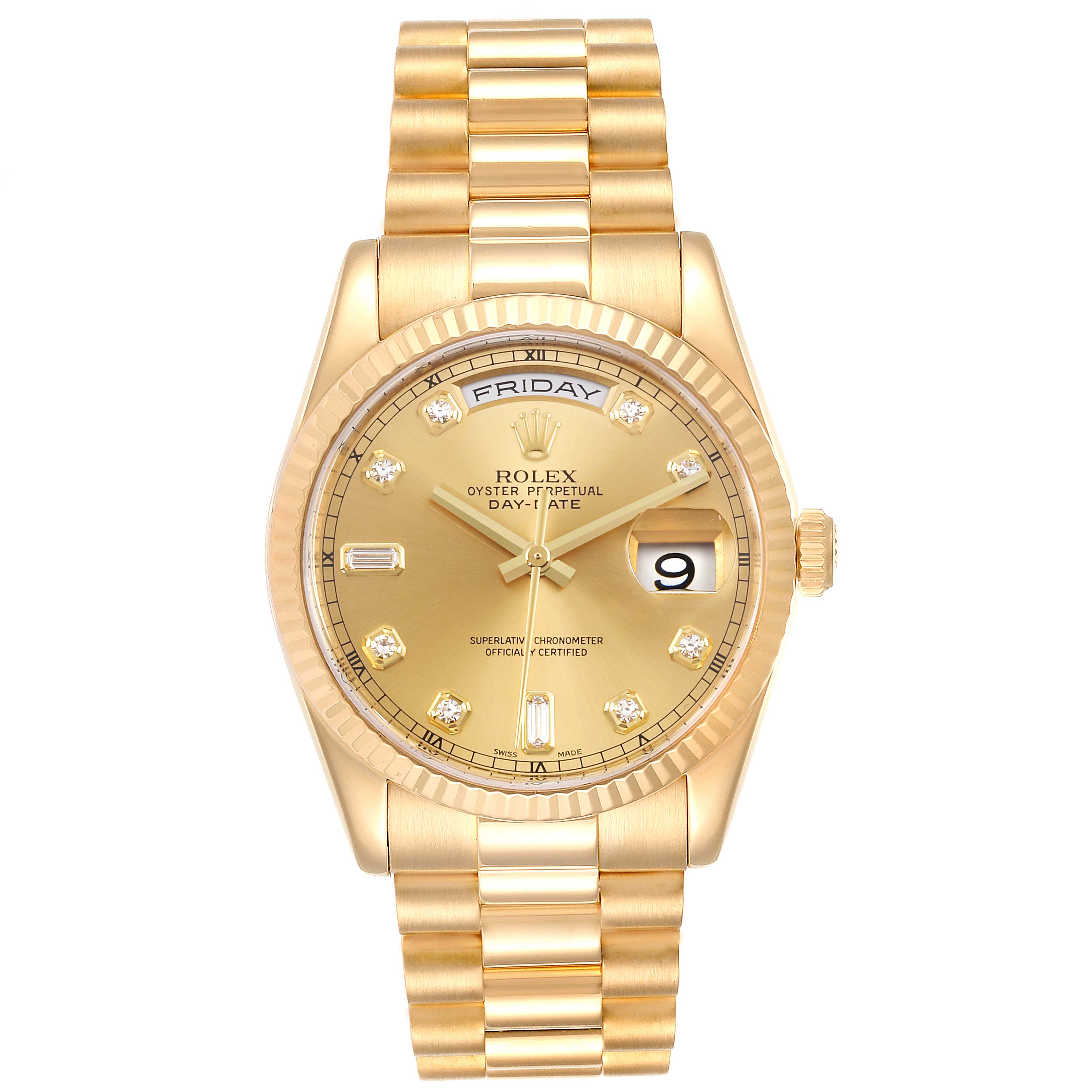 The Rolex President 118238 Men's Yellow Gold Champagne Dial 118238 Men's Yellow Gold Champagne Dial model watch is shown from a direct front view, displaying the face, bezel, bracelet, and day-date complications.