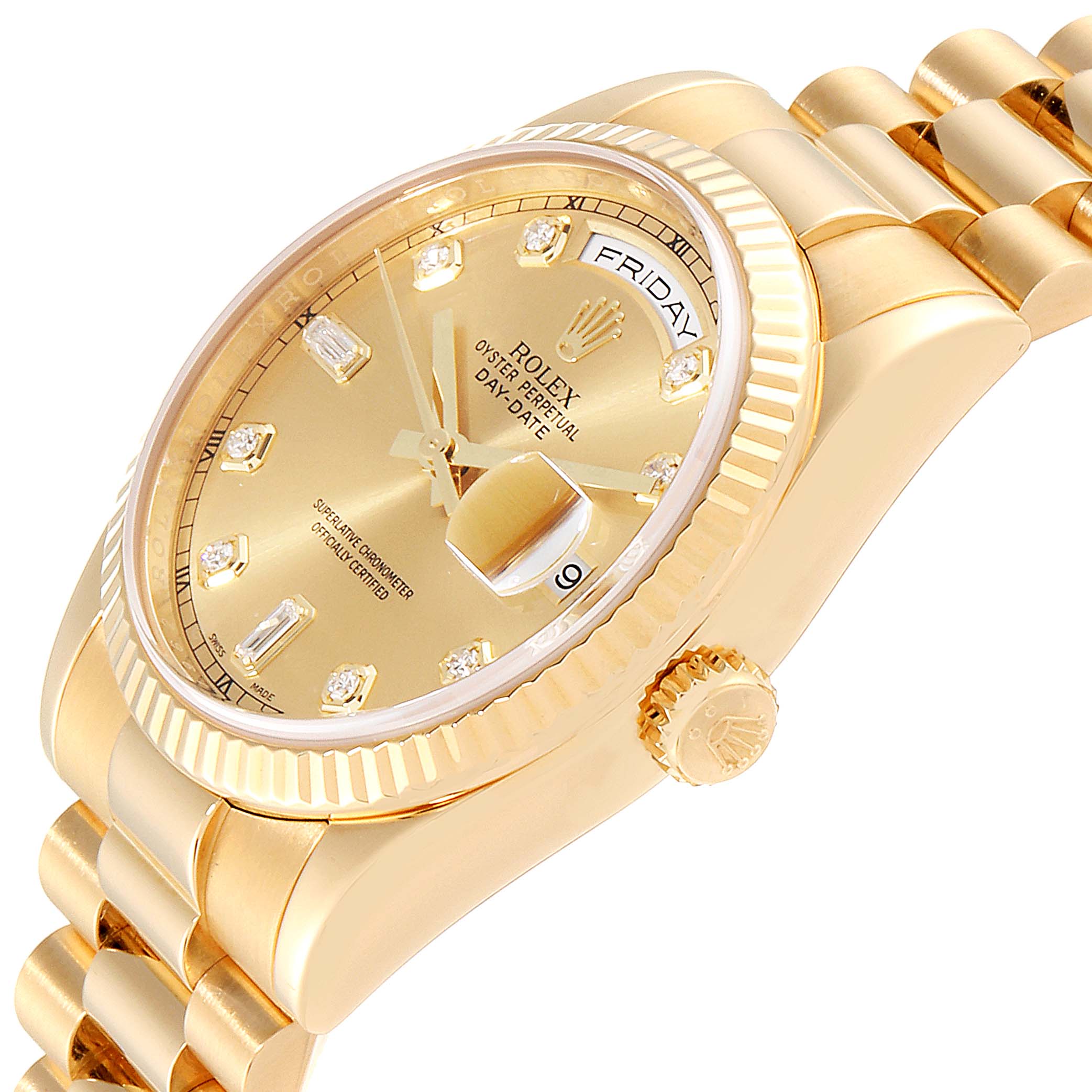 The image shows a close-up angled view of the Rolex President 118238 Men's Yellow Gold Champagne Dial 118238 Men's Yellow Gold Champagne Dial model, highlighting the gold case, crown, bracelet, and diamond hour markers.