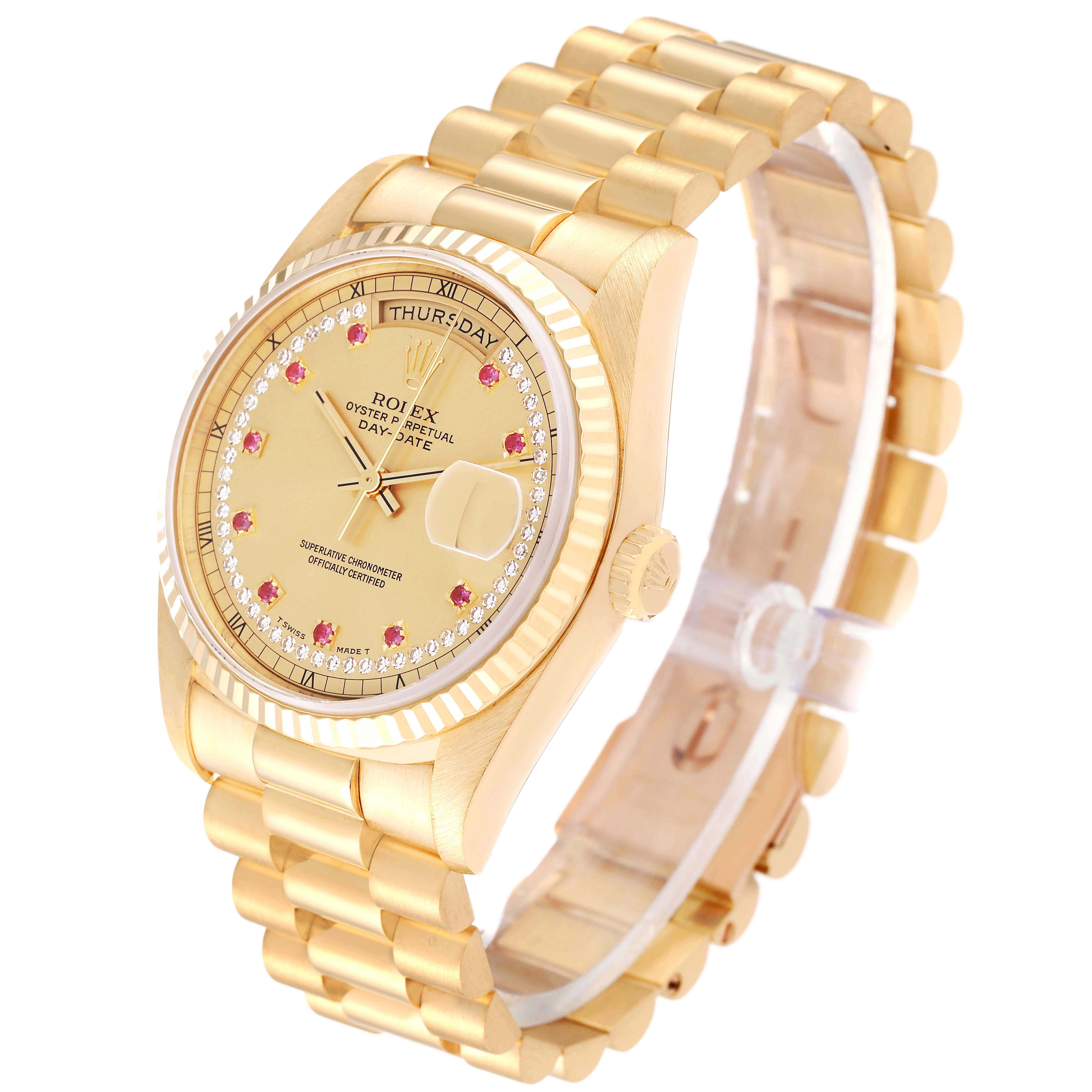 The Rolex President 18238 Men's Yellow Gold Champagne Dial 18238 Men's Yellow Gold Champagne Dial watch is shown at a three-quarter angle, highlighting its face, crown, and bracelet.