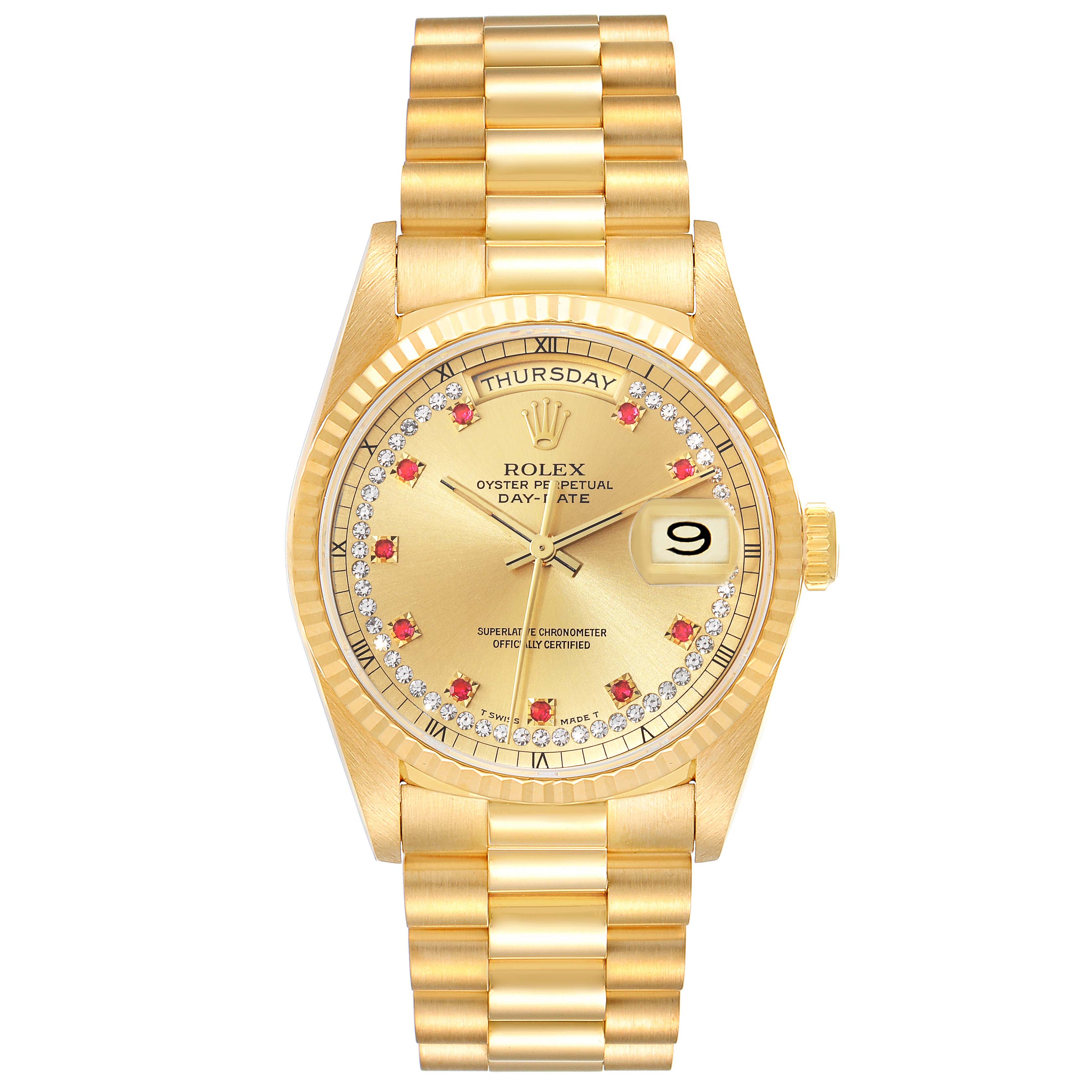 This image shows a front view of a Rolex President 18238 Men's Yellow Gold Champagne Dial 18238 Men's Yellow Gold Champagne Dial model watch, highlighting its gold casing, bracelet, and watch face.