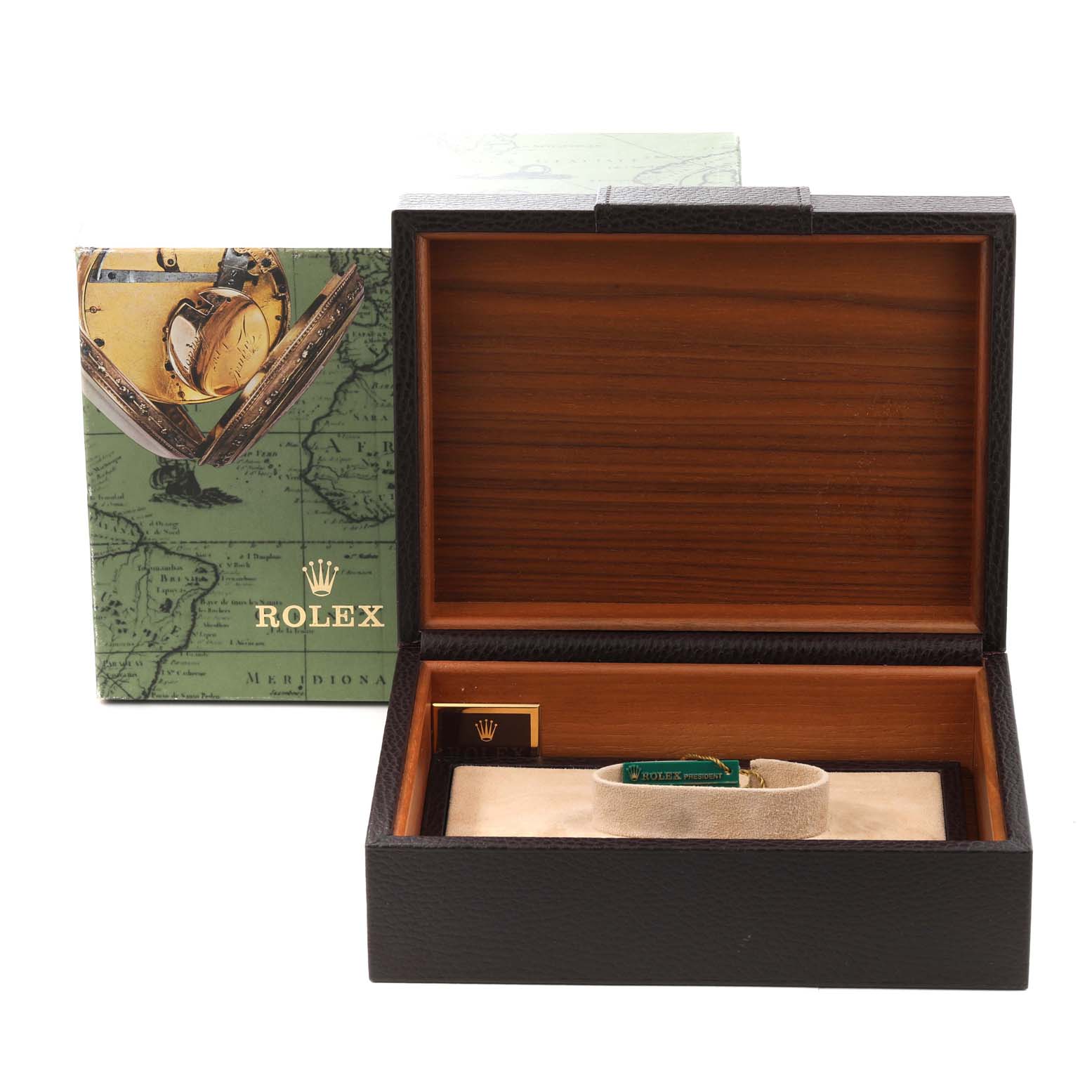 The image shows an empty Rolex President 18238 Men's Yellow Gold Champagne Dial 18238 Men's Yellow Gold Champagne Dial model box from an eye-level angle, along with its packaging and a tag.