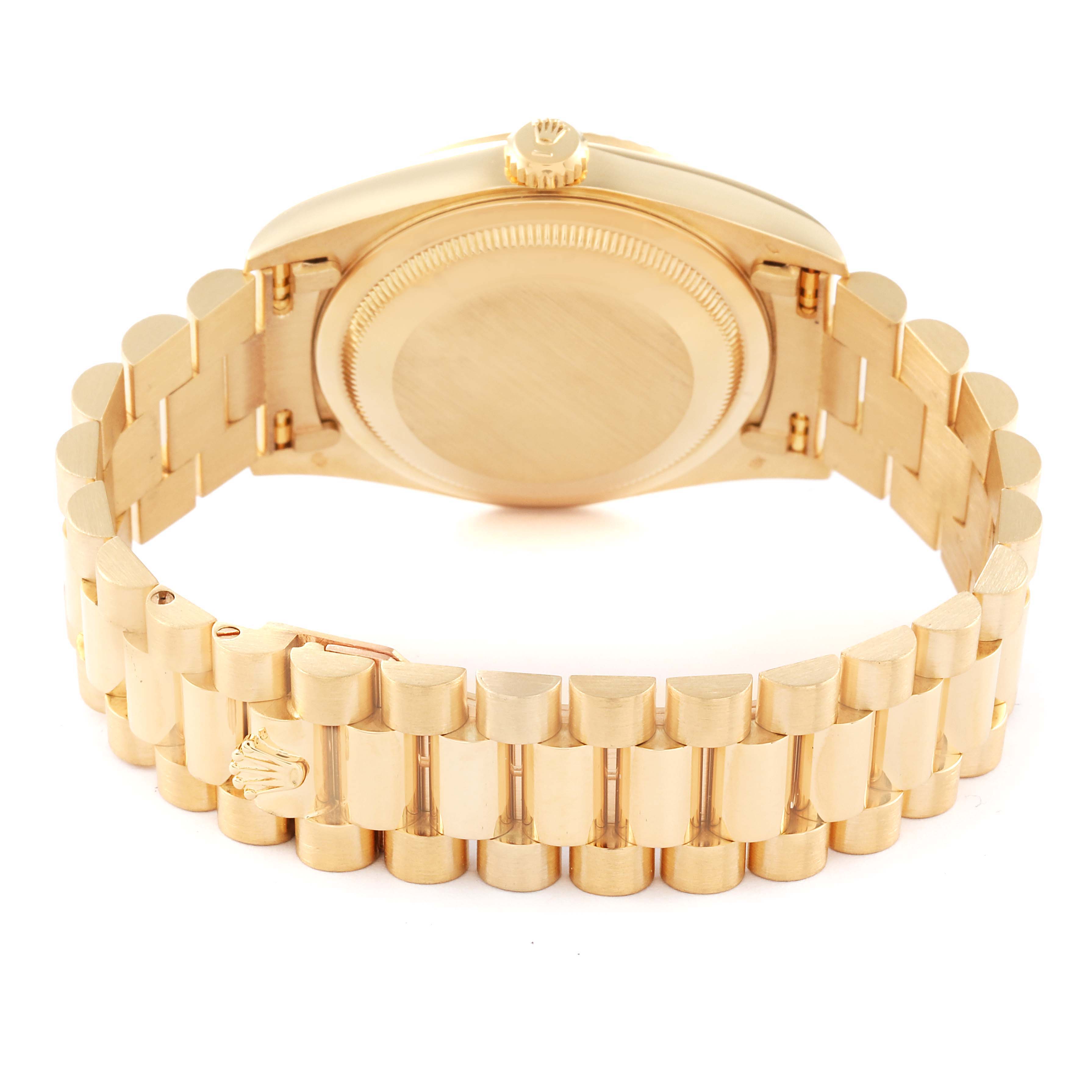 This image shows the back case and bracelet of a Rolex President 18238 Men's Yellow Gold Champagne Dial 18238 Men's Yellow Gold Champagne Dial model watch from a rear angle.