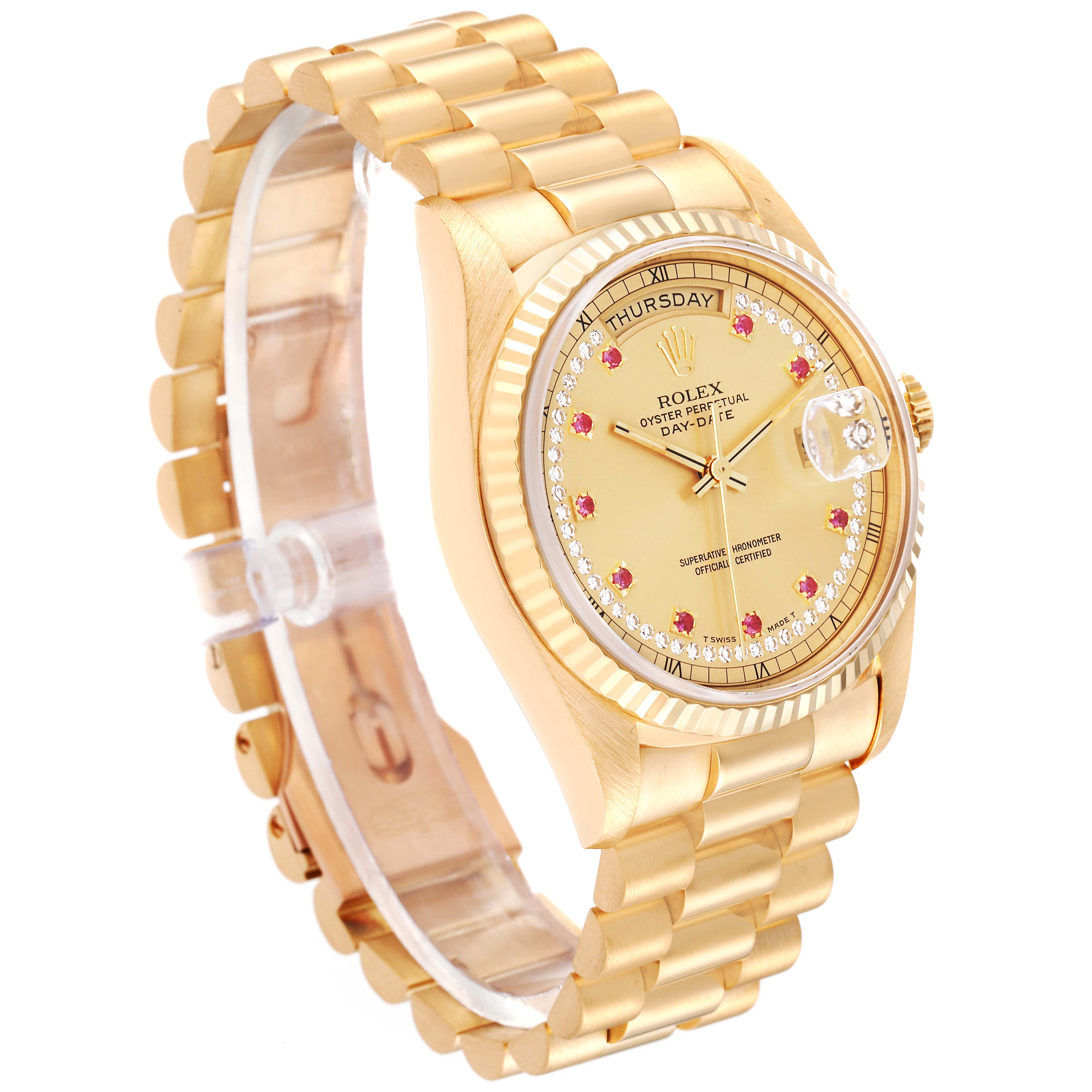 The Rolex President 18238 Men's Yellow Gold Champagne Dial 18238 Men's Yellow Gold Champagne Dial model watch is shown at a slight angle, displaying the face, dial, bezel, and bracelet.