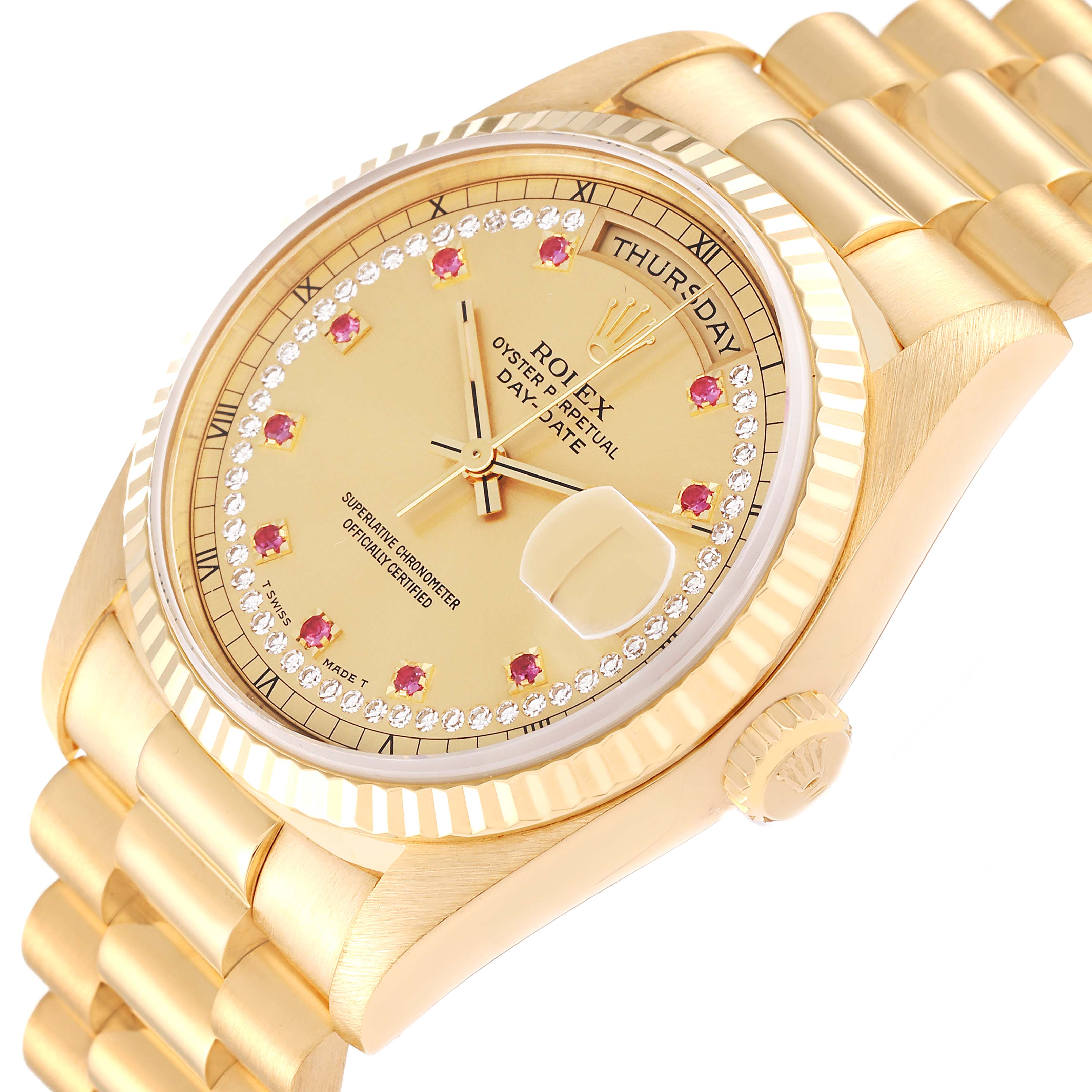 The image shows a Rolex President 18238 Men's Yellow Gold Champagne Dial 18238 Men's Yellow Gold Champagne Dial model watch at a three-quarter angle, highlighting the dial, bezel, and bracelet.