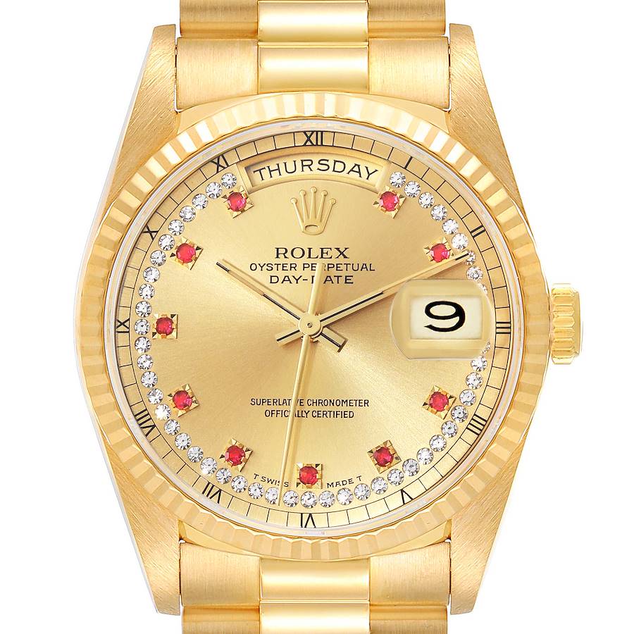 Rolex President Day-Date Yellow Gold String Diamond Ruby Dial Mens Watch 18238 SwissWatchExpo