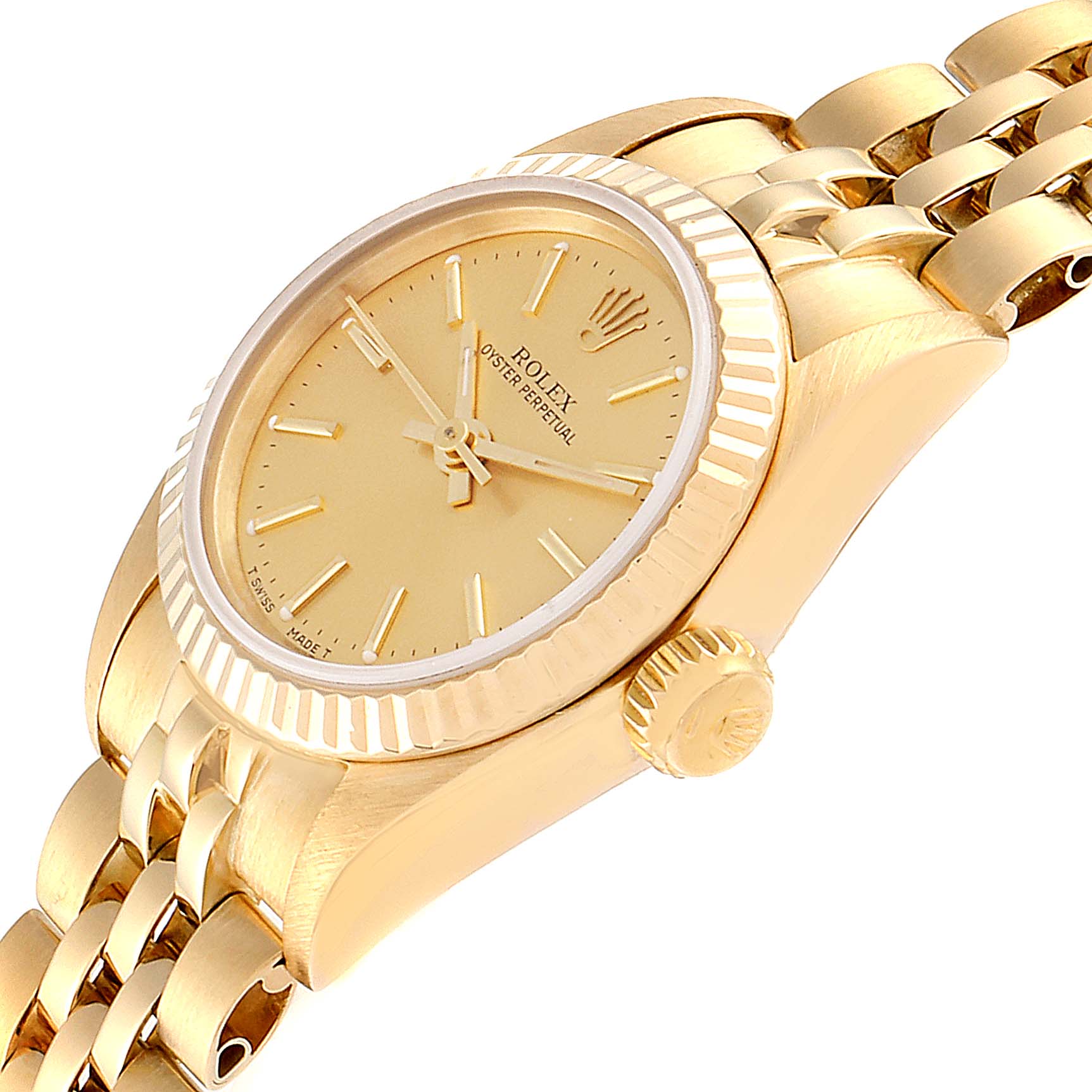 The image shows a side and partial top view of the Rolex President 67198 Women's Yellow Gold Champagne Dial 67198 Women's Yellow Gold Champagne Dial model displaying the dial, bezel, and part of the bracelet.