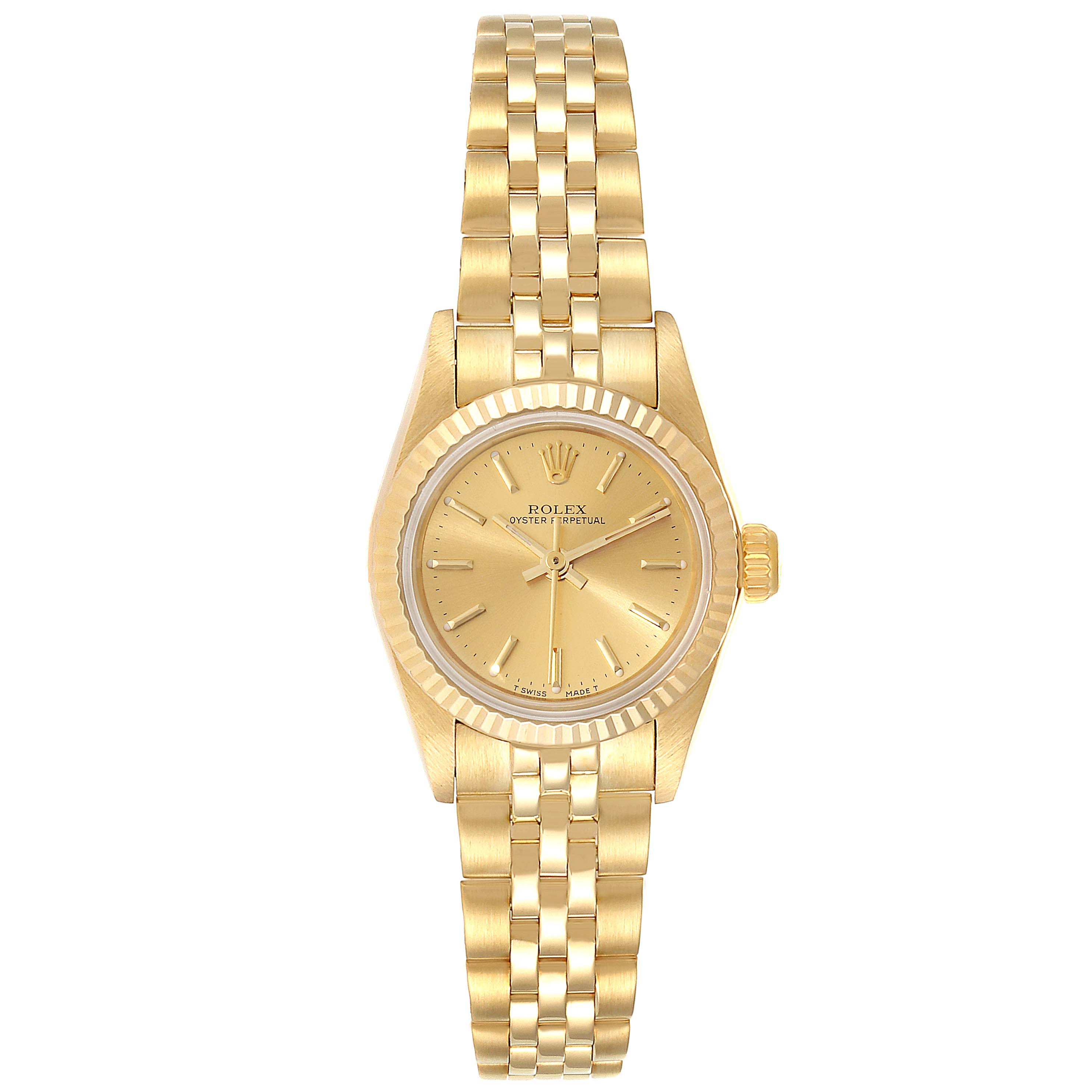 This image shows a full, front-facing view of a Rolex President 67198 Women's Yellow Gold Champagne Dial 67198 Women's Yellow Gold Champagne Dial model watch.