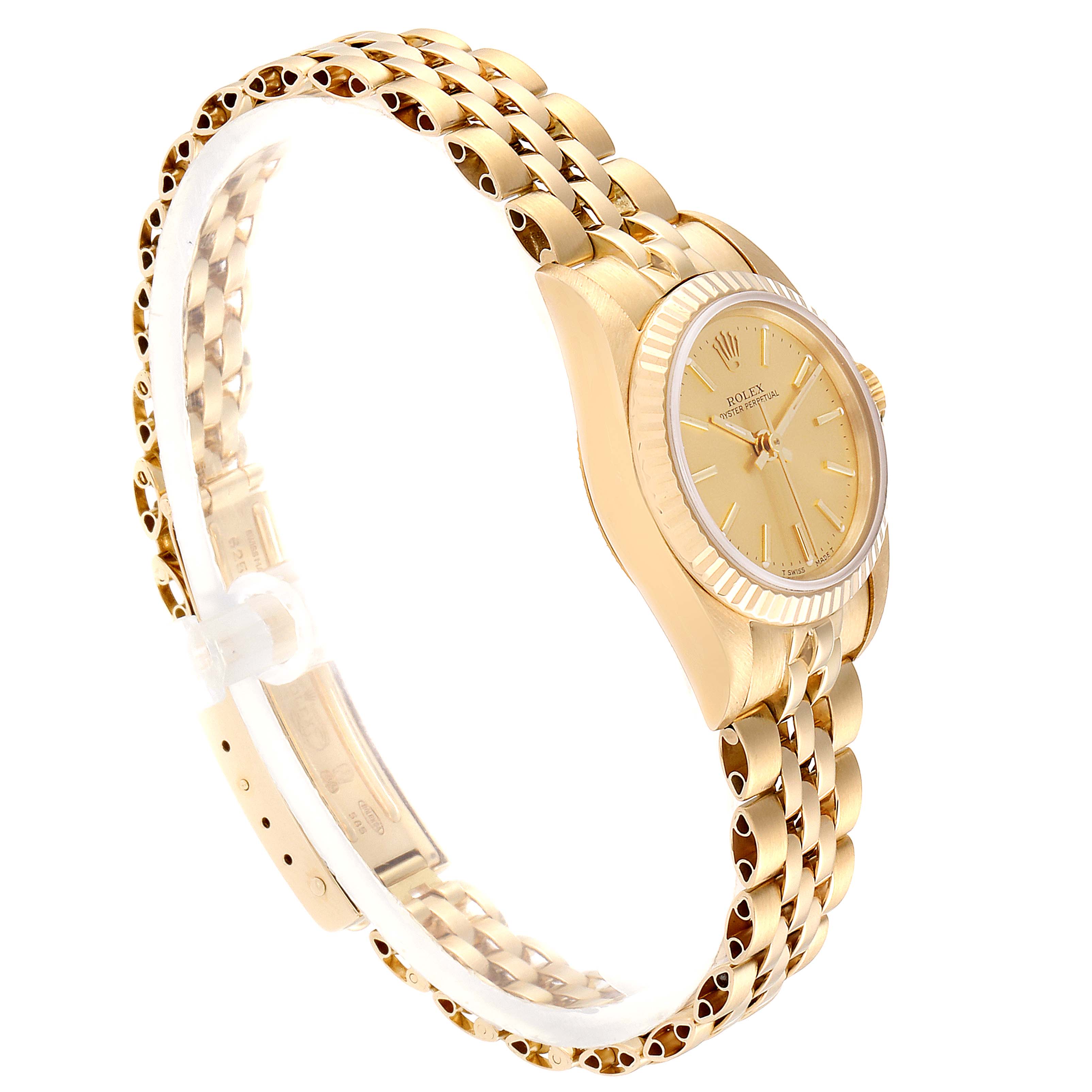 The image shows a side view of a gold Rolex President 67198 Women's Yellow Gold Champagne Dial 67198 Women's Yellow Gold Champagne Dial watch, displaying the bracelet and part of the case.