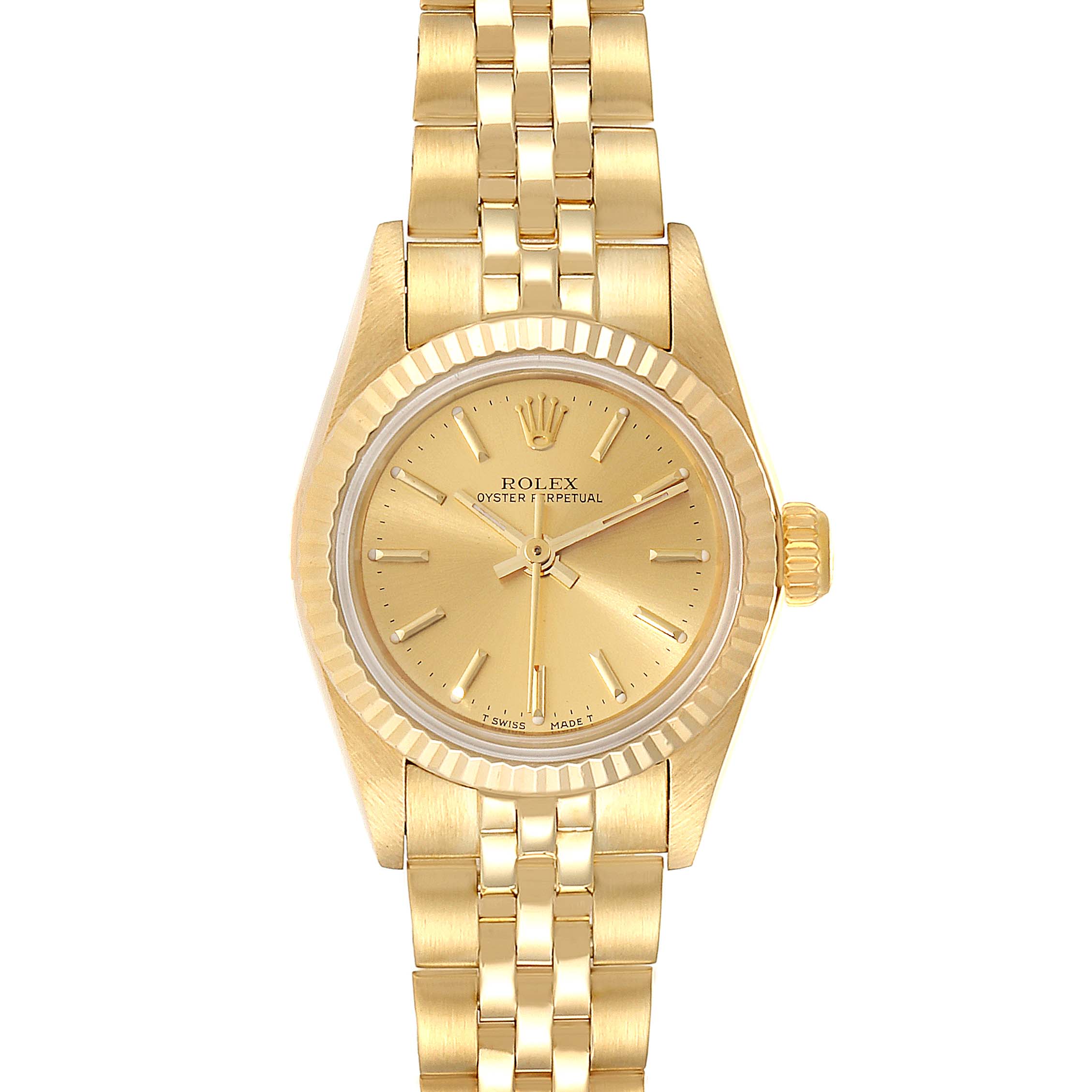 This is a head-on view of the Rolex President 67198 Women's Yellow Gold Champagne Dial 67198 Women's Yellow Gold Champagne Dial model watch, showing the face, bezel, and bracelet.