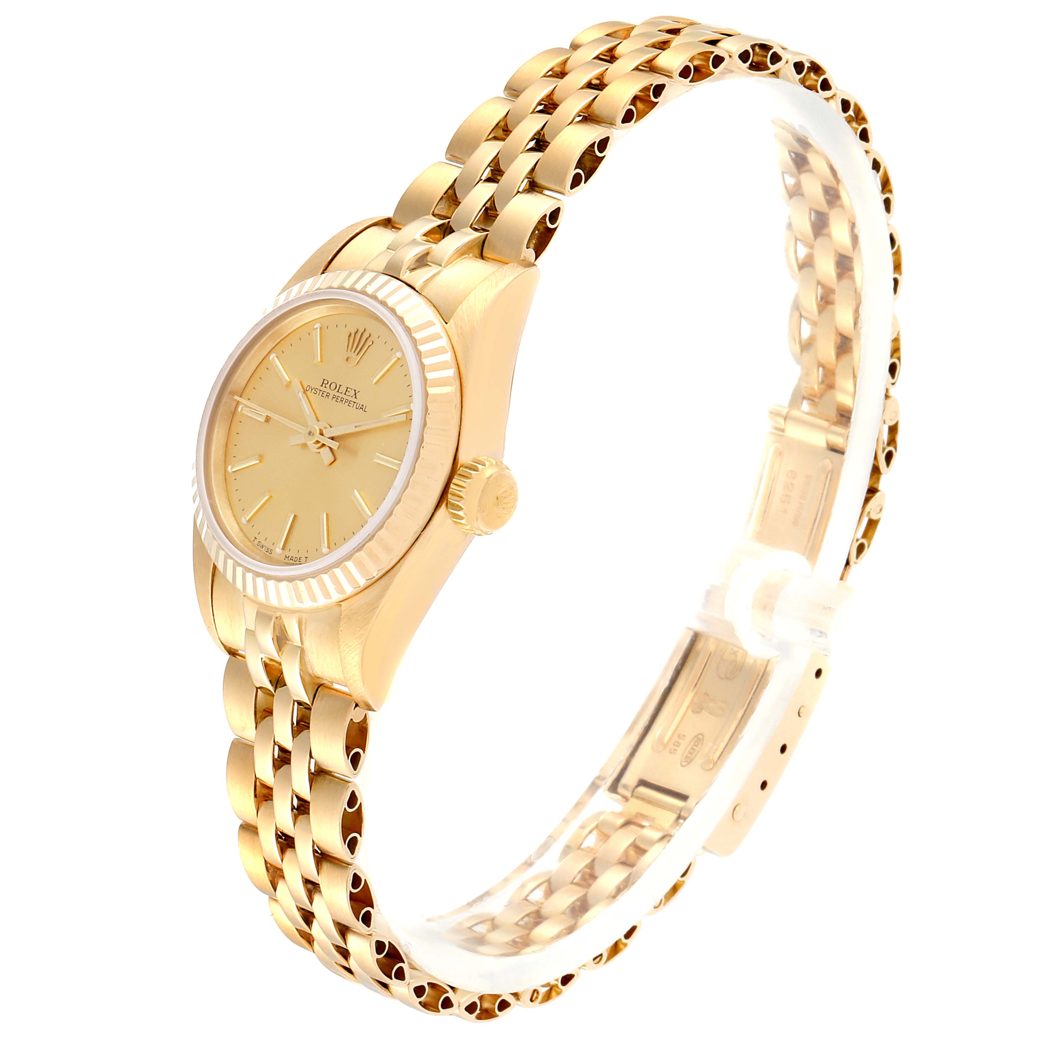 The image shows a side view of a Rolex President 67198 Women's Yellow Gold Champagne Dial 67198 Women's Yellow Gold Champagne Dial model watch, highlighting its gold case, bracelet, and dial.