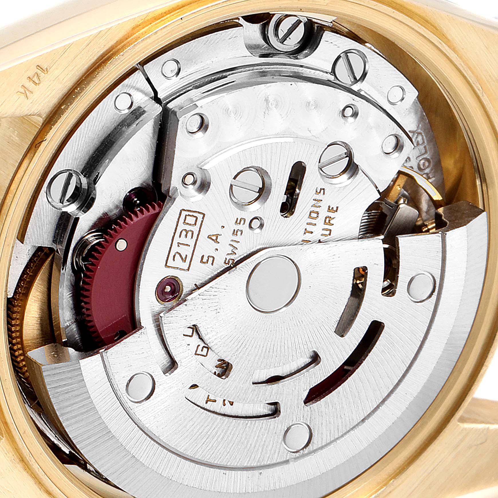 This image shows a close-up view of the movement mechanism inside a Rolex President 67198 Women's Yellow Gold Champagne Dial 67198 Women's Yellow Gold Champagne Dial model watch.