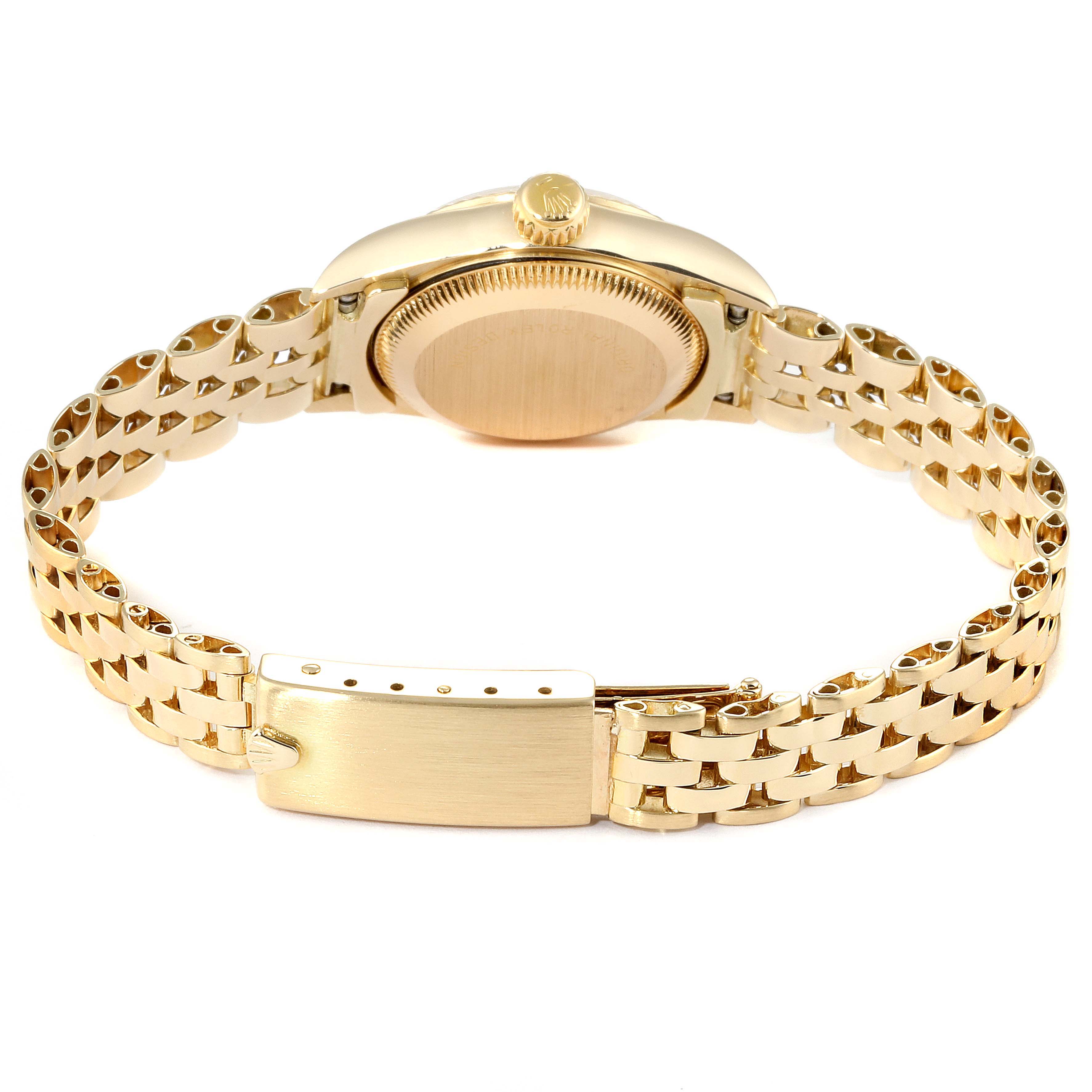 The image shows the back view of a Rolex President 67198 Women's Yellow Gold Champagne Dial 67198 Women's Yellow Gold Champagne Dial model watch, highlighting its gold case, crown, and President bracelet with clasp.