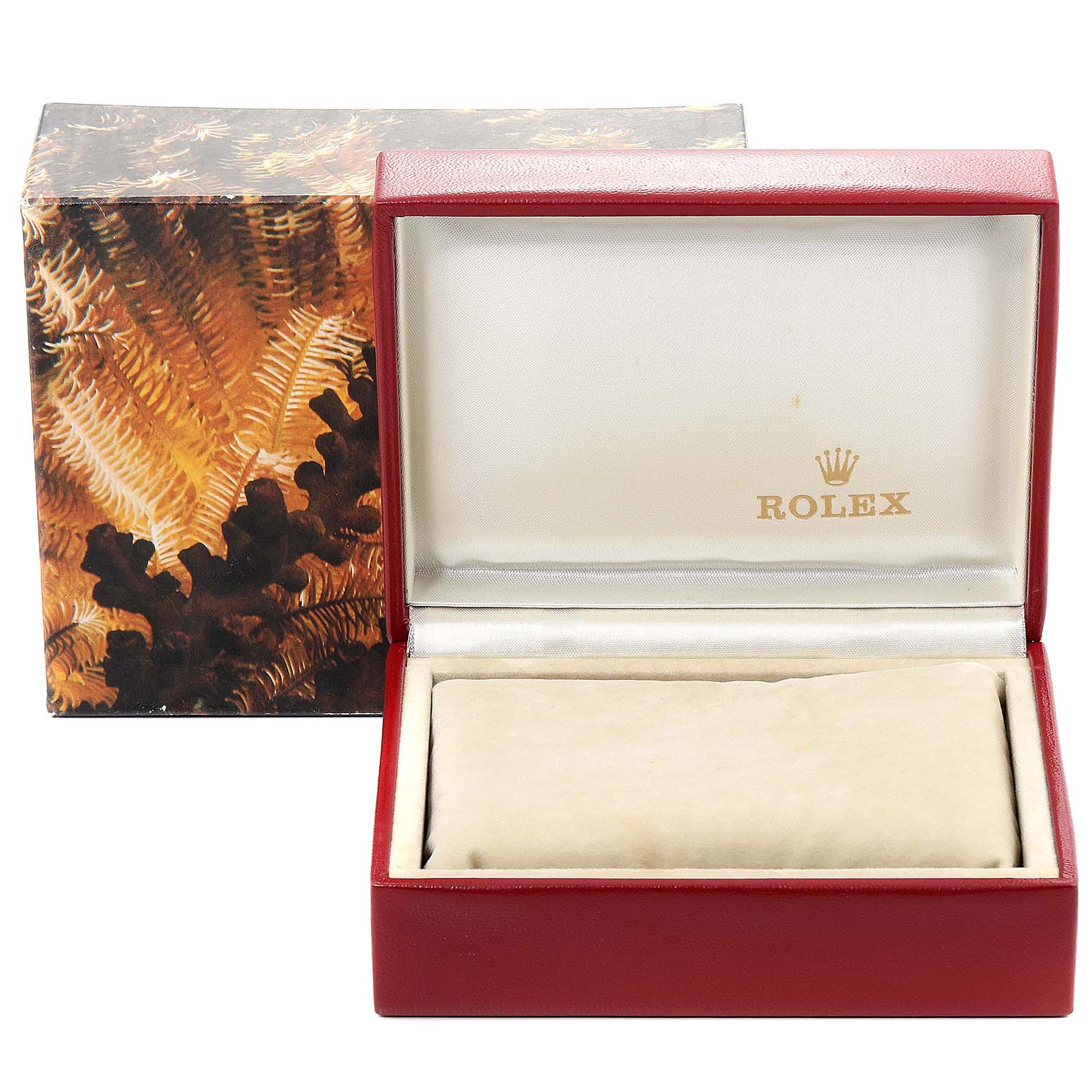 This image shows an open Rolex watch box, likely for the President model, with an exterior box behind it.