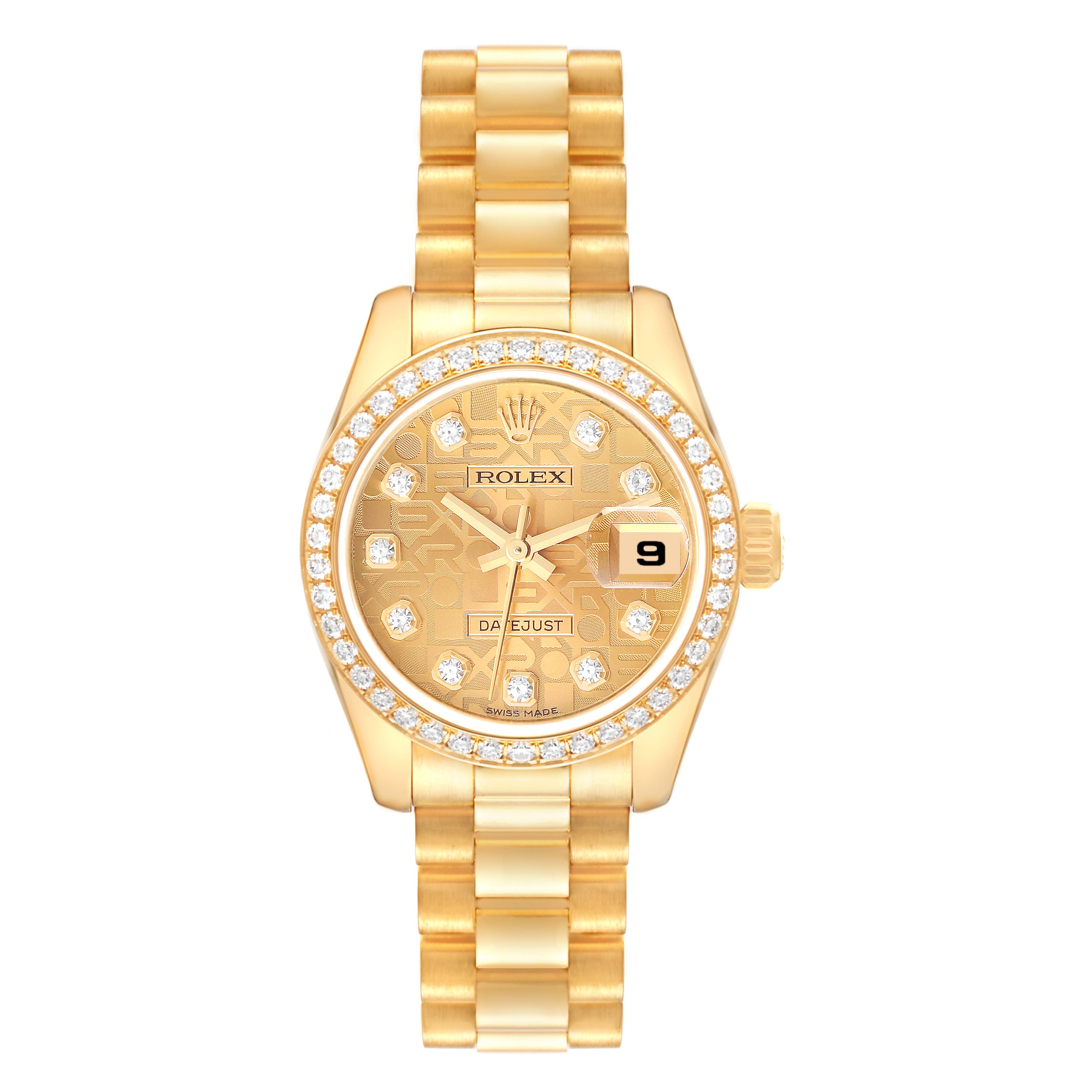 The Rolex President 179138 Women's Yellow Gold Champagne Dial 179138 Women's Yellow Gold Champagne Dial model watch is shown from a straight-on angle, displaying the face, body, band, and bezel with a visible date window.