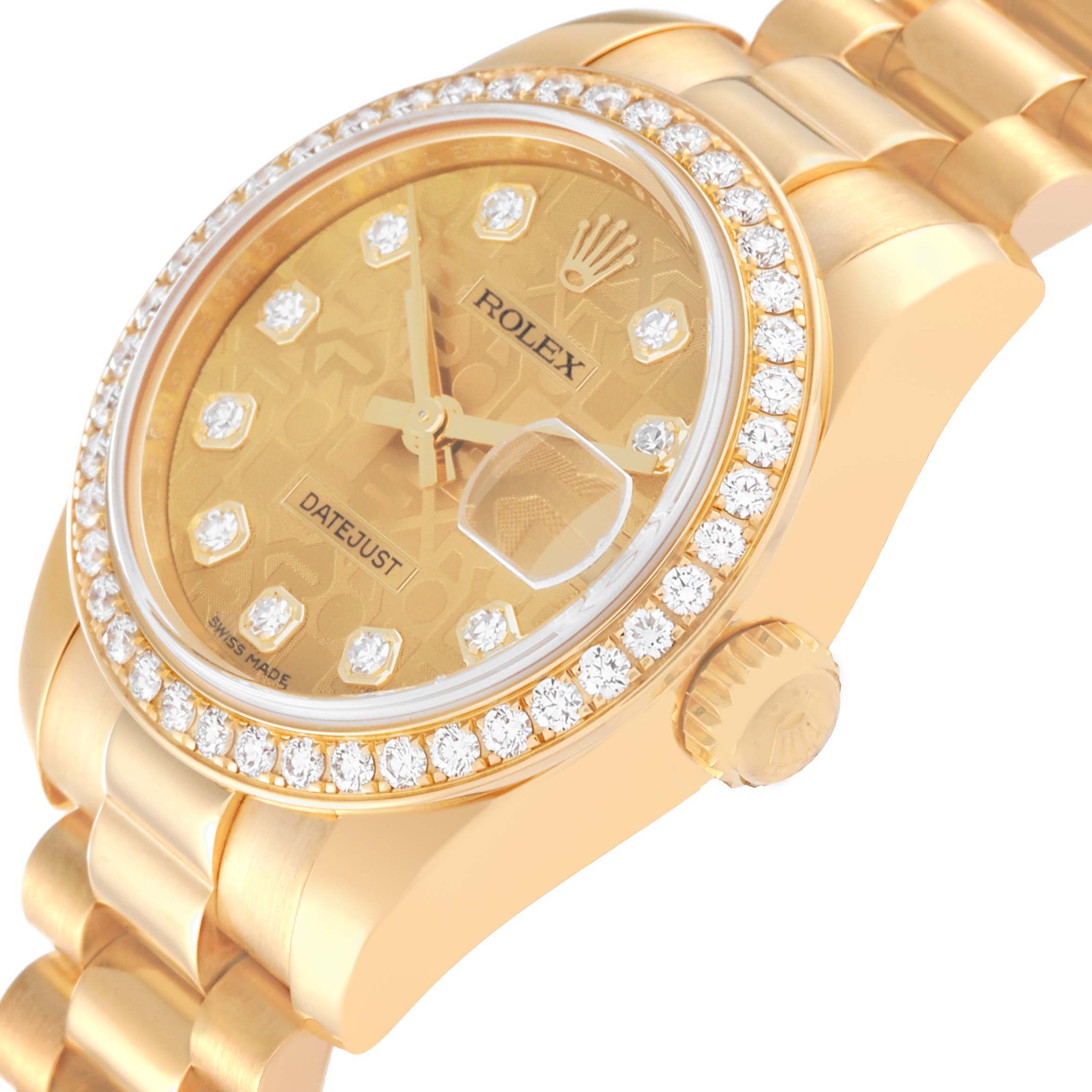 The image shows a close-up, side angle of the dial, bezel, and bracelet of a gold Rolex President 179138 Women's Yellow Gold Champagne Dial 179138 Women's Yellow Gold Champagne Dial model Datejust watch.