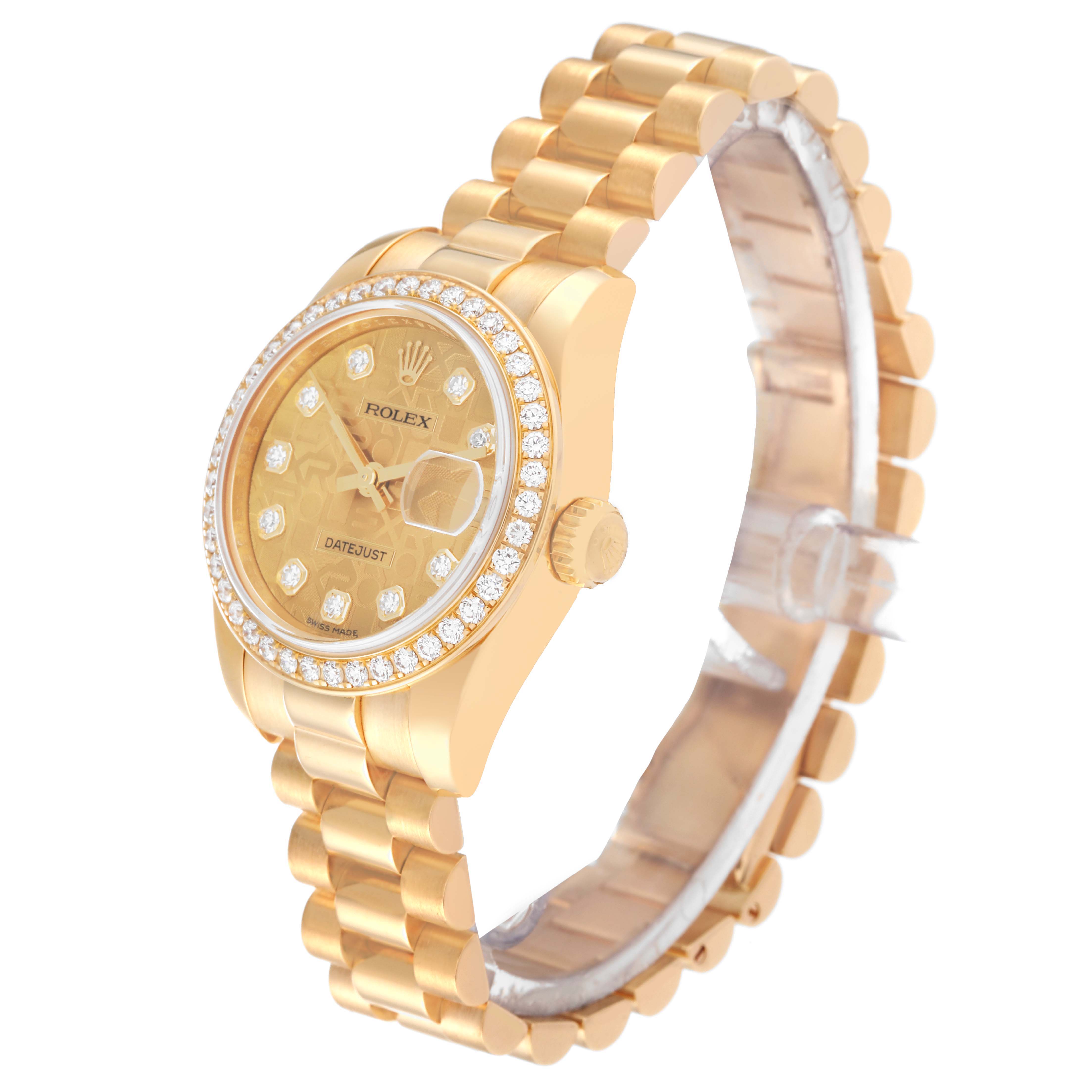 The image shows a Rolex President 179138 Women's Yellow Gold Champagne Dial 179138 Women's Yellow Gold Champagne Dial model watch at a three-quarter angle, highlighting its gold finish, diamond bezel, and bracelet.