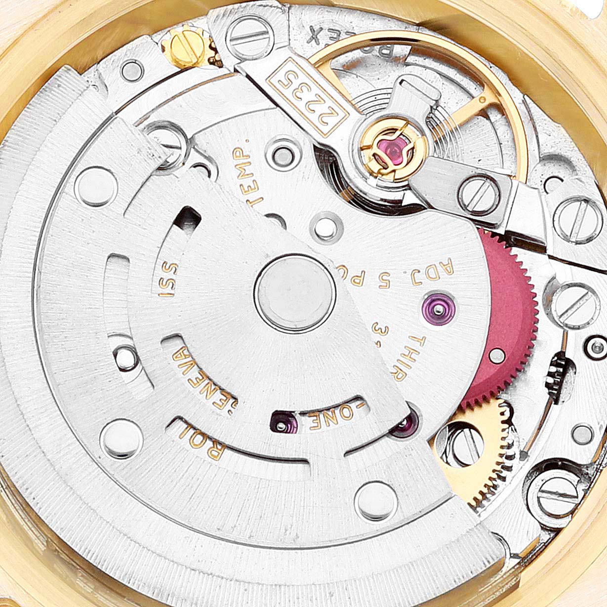 This image shows a close-up of the movement mechanism in a Rolex President 179138 Women's Yellow Gold Champagne Dial 179138 Women's Yellow Gold Champagne Dial model watch.